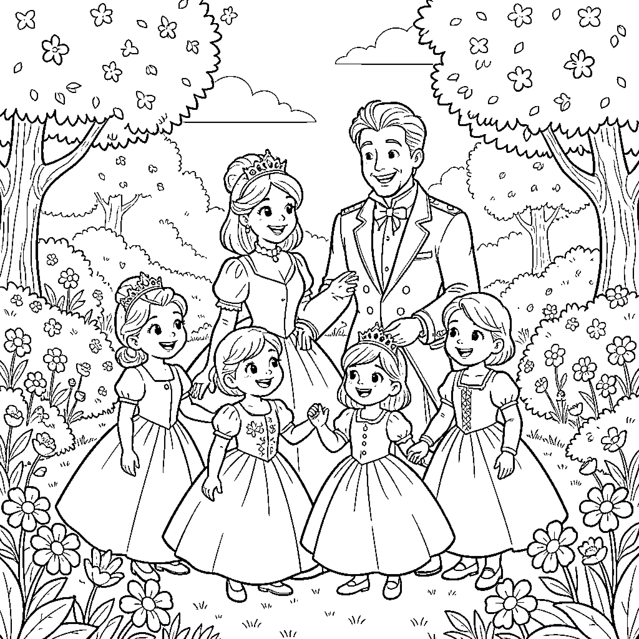 Cinderella and her royal family smiling in a garden Coloring Page (free black-and-white line drawing printable PDF for all, from beginners to advanced learners, including children, teens, adults, and seniors)