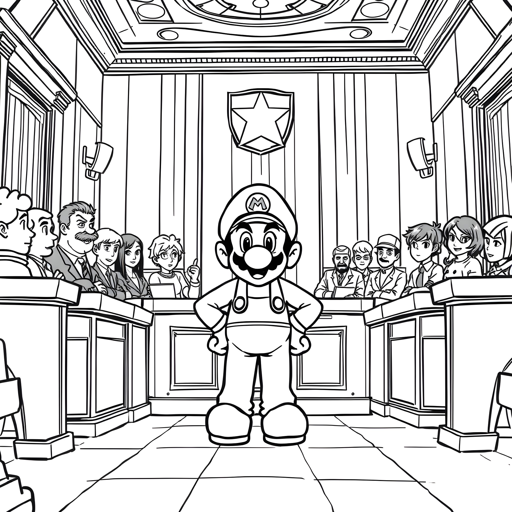 Mario on trial in a courtroom Coloring Page (free black-and-white line drawing printable PDF for all, from beginners to advanced learners, including children, teens, adults, and seniors)