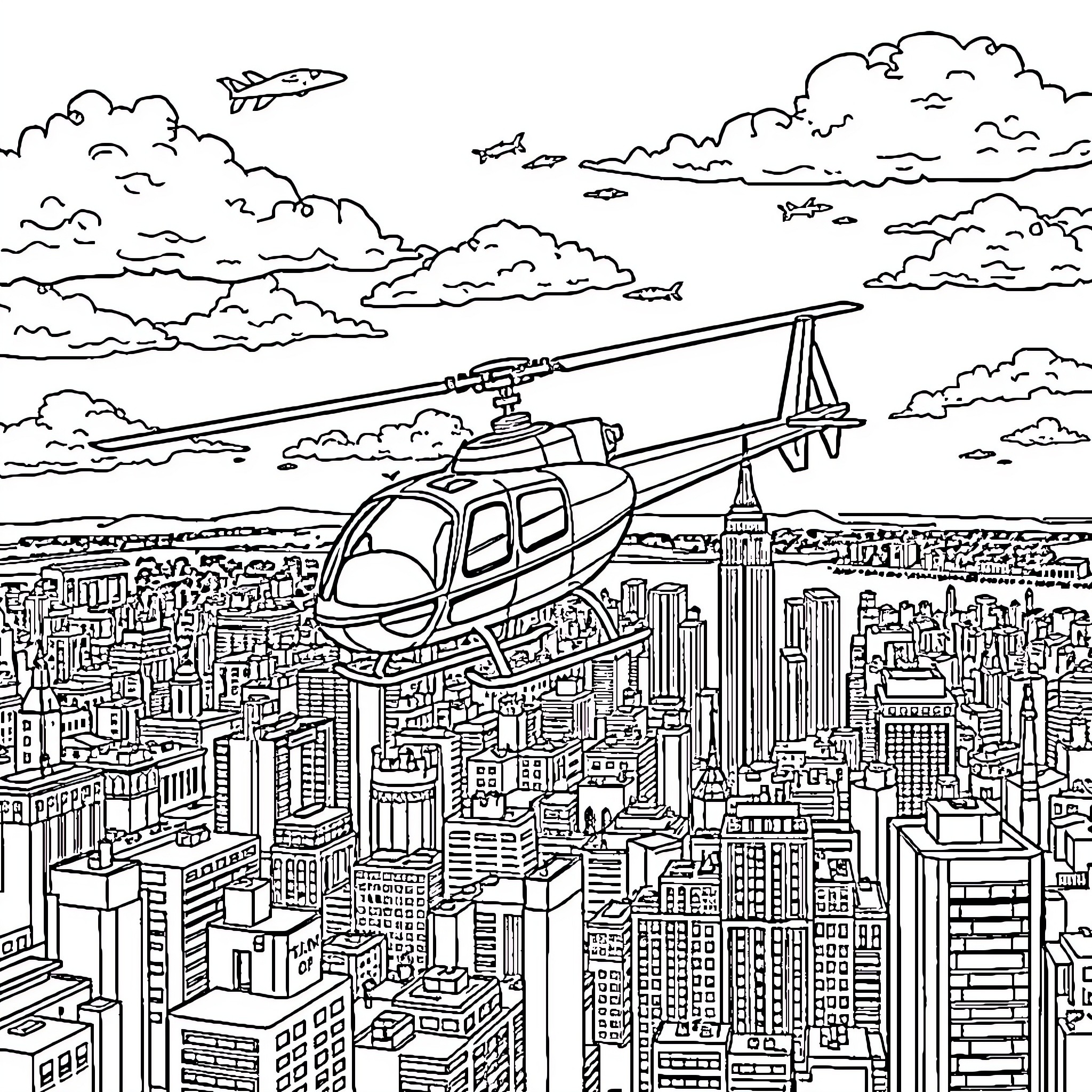 Helicopter Soaring over Bustling City Skyline Coloring Page (free black-and-white line drawing printable PDF for all, from beginners to advanced learners, including children, teens, adults, and seniors)