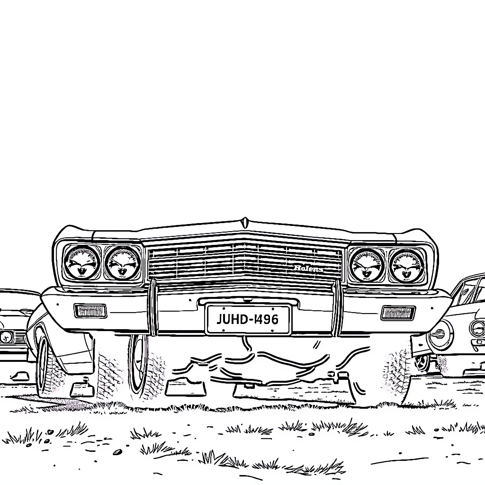 Holden HQ Coupe in a vintage automotive scene Coloring Page (free black-and-white line drawing printable PDF for all, from beginners to advanced learners, including children, teens, adults, and seniors)