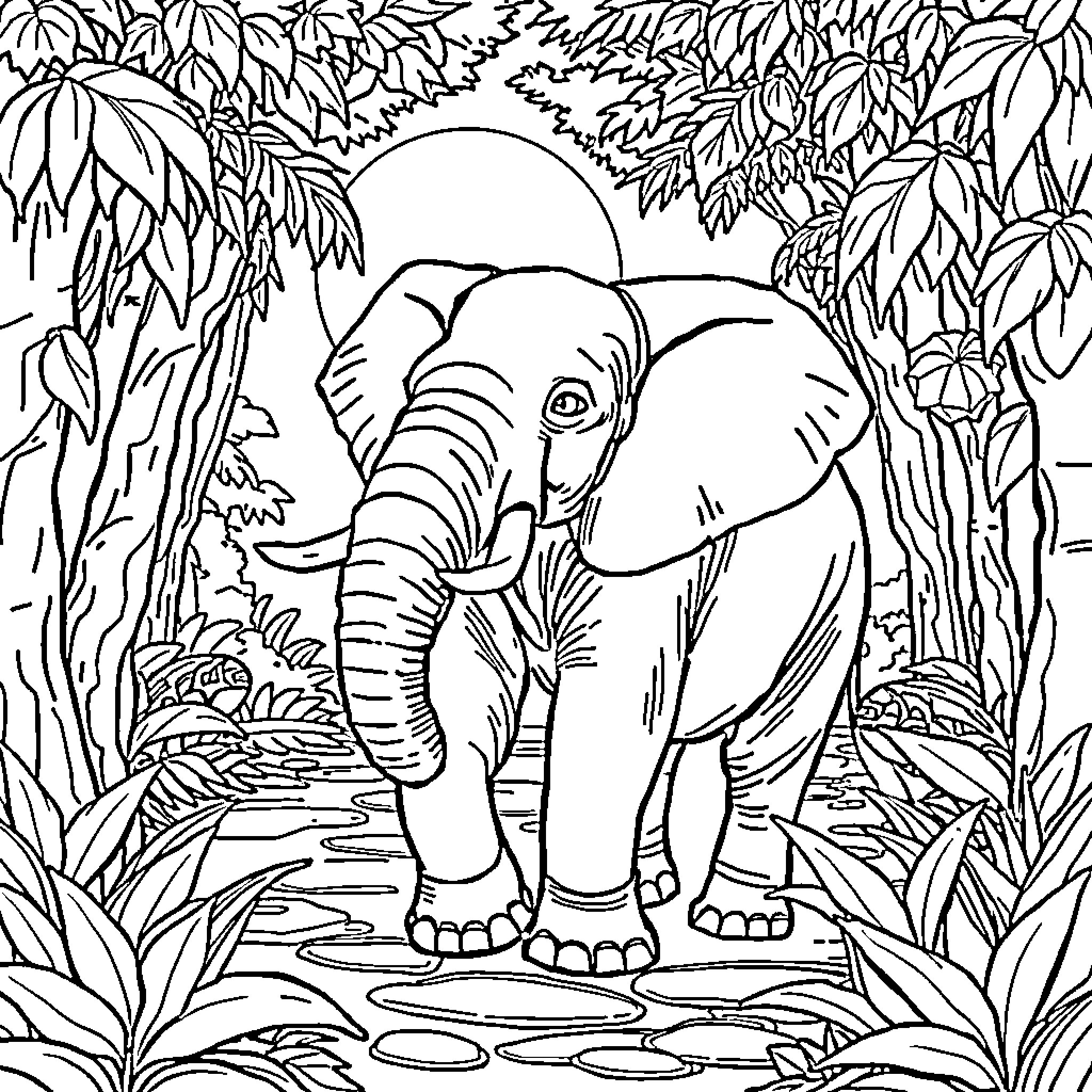 Elephant walking in the lush jungle Coloring Page (free black-and-white line drawing printable PDF for all, from beginners to advanced learners, including children, teens, adults, and seniors)