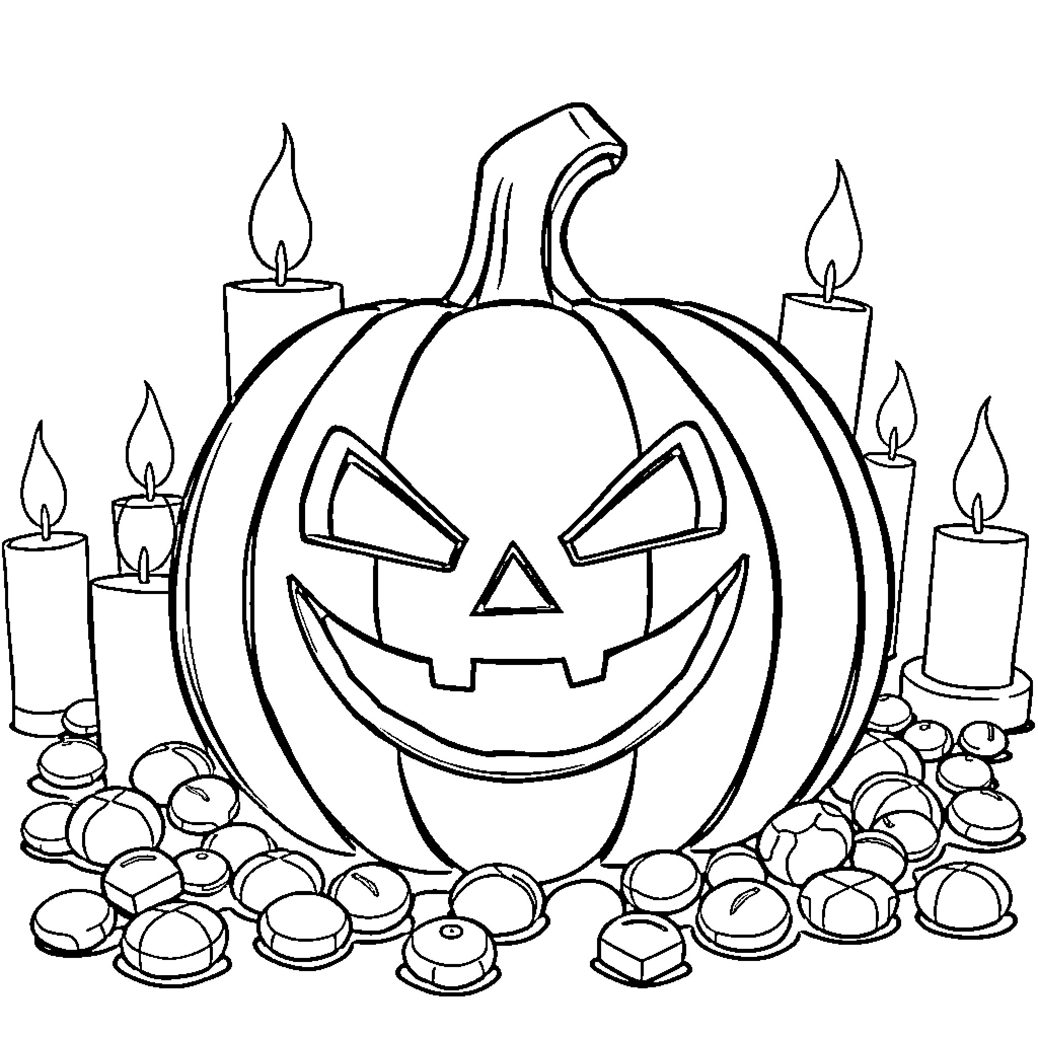 Pumpkin Jack-O'-Lantern with Candle Lights Coloring Page (free black-and-white line drawing printable PDF for all, from beginners to advanced learners, including children, teens, adults, and seniors)