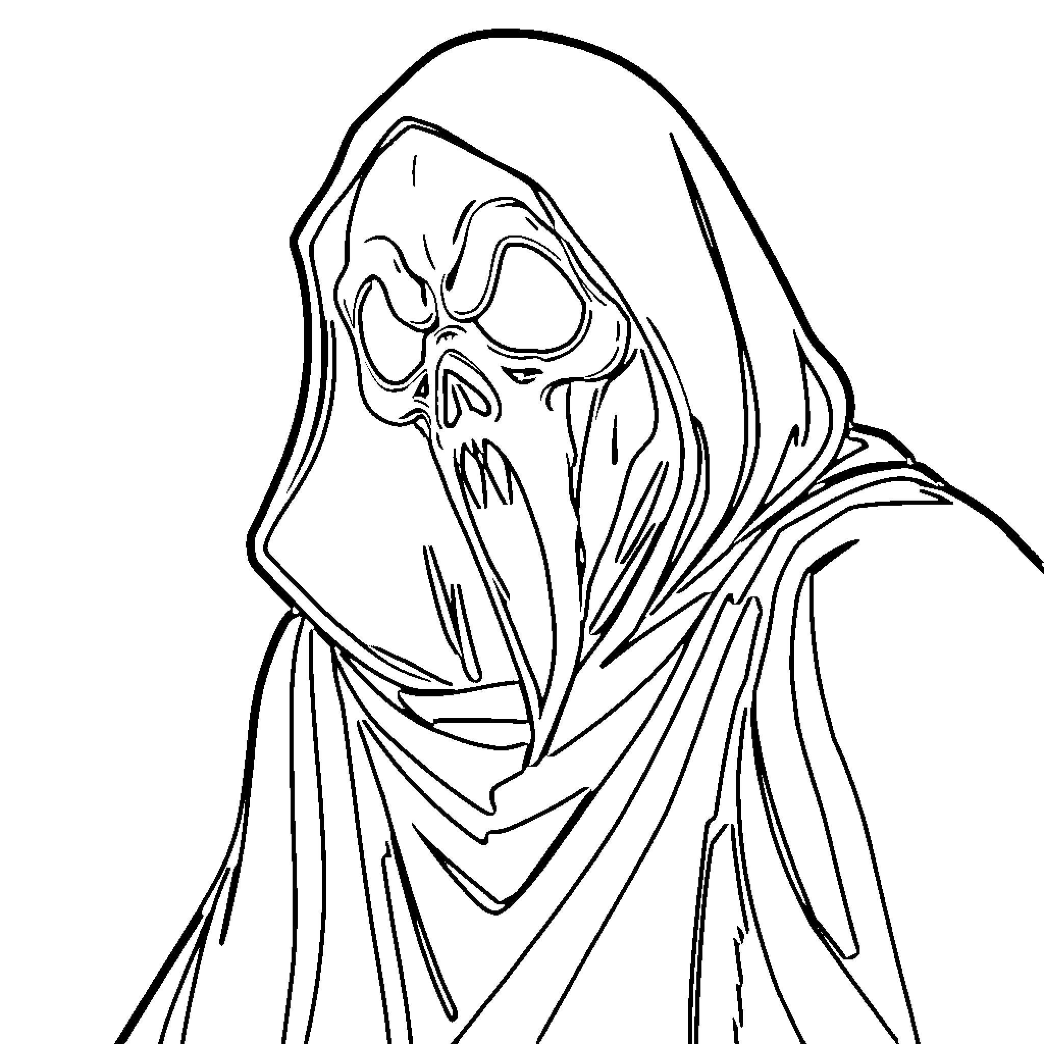 Ghostface shrouded in dark cloak and sinister expression Coloring Page (free black-and-white line drawing printable PDF for all, from beginners to advanced learners, including children, teens, adults, and seniors)