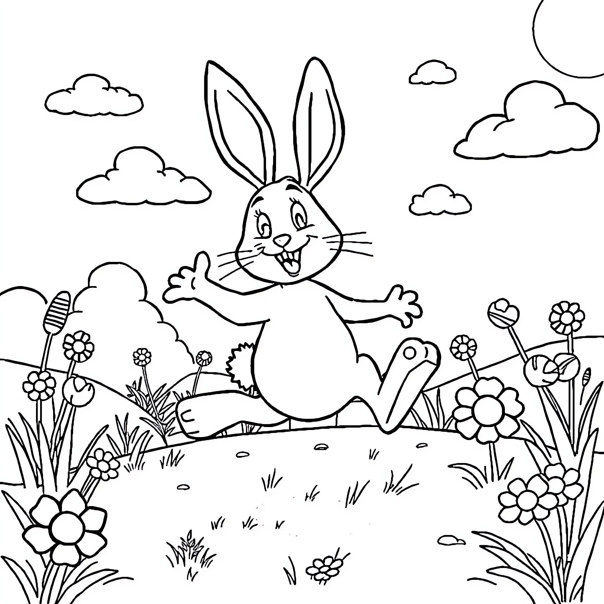 Bunny frolicking happily in a floral meadow Coloring Page (free black-and-white line drawing printable PDF for all, from beginners to advanced learners, including children, teens, adults, and seniors)