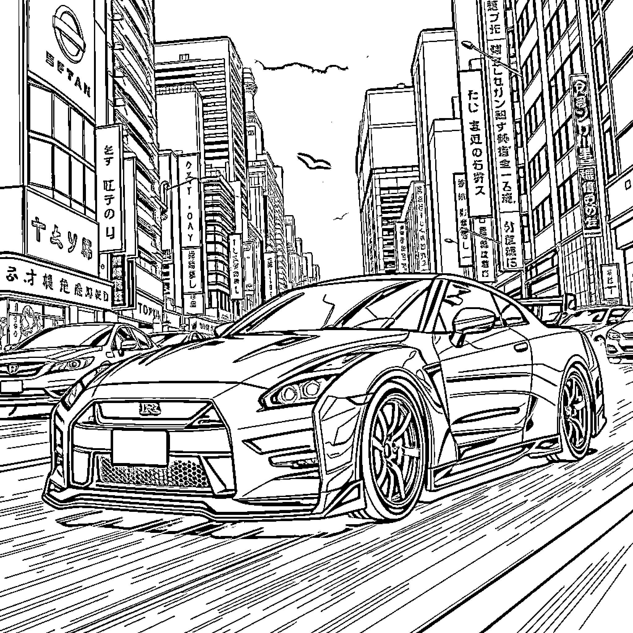 Nissan sports car speeding through the city streets Coloring Page (free black-and-white line drawing printable PDF for all, from beginners to advanced learners, including children, teens, adults, and seniors)
