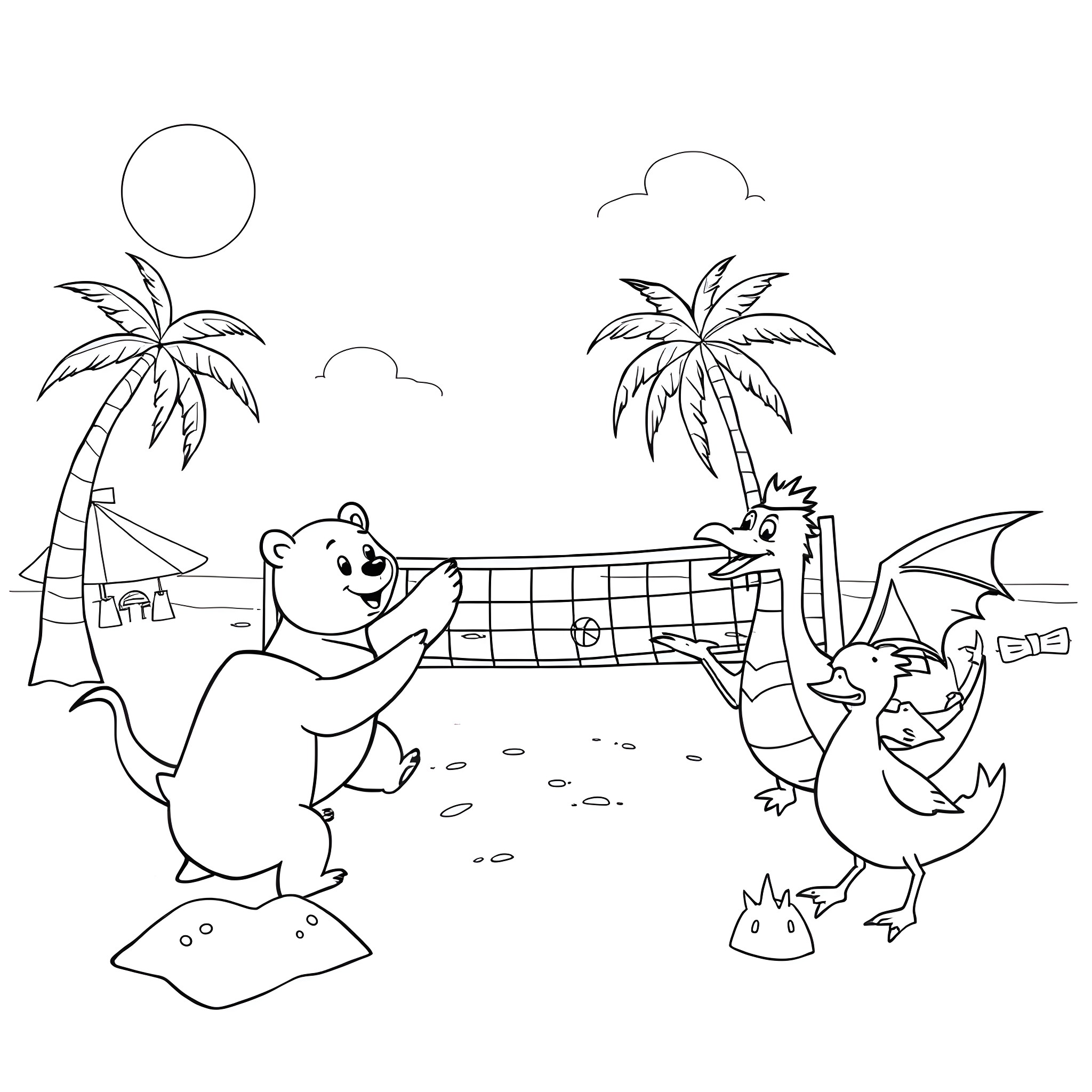 Bear Dog Dragon Duck Beach Volleyball Game Coloring Page (free black-and-white line drawing printable PDF for all, from beginners to advanced learners, including children, teens, adults, and seniors)