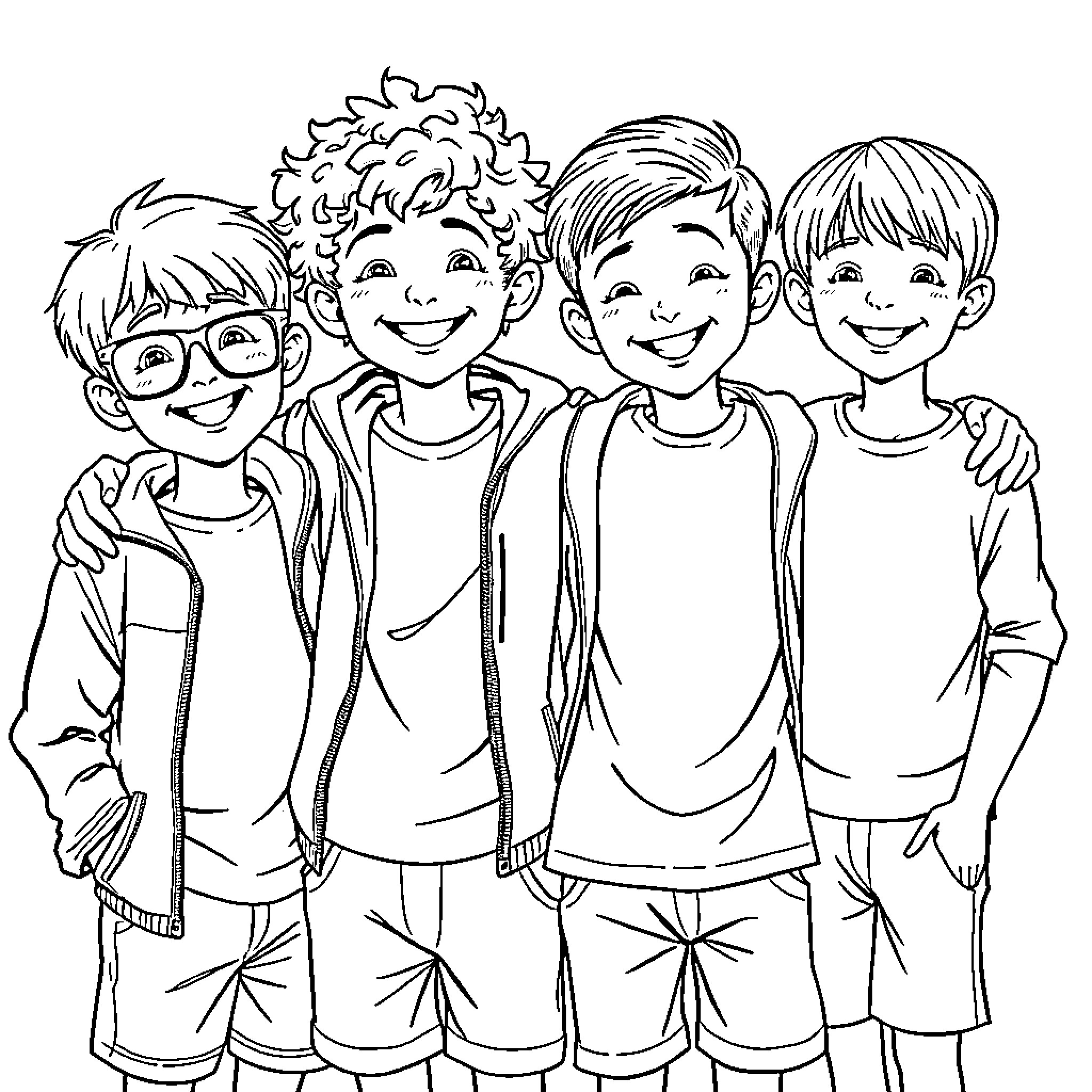 Boy friends posing happily together Coloring Page (free black-and-white line drawing printable PDF for all, from beginners to advanced learners, including children, teens, adults, and seniors)
