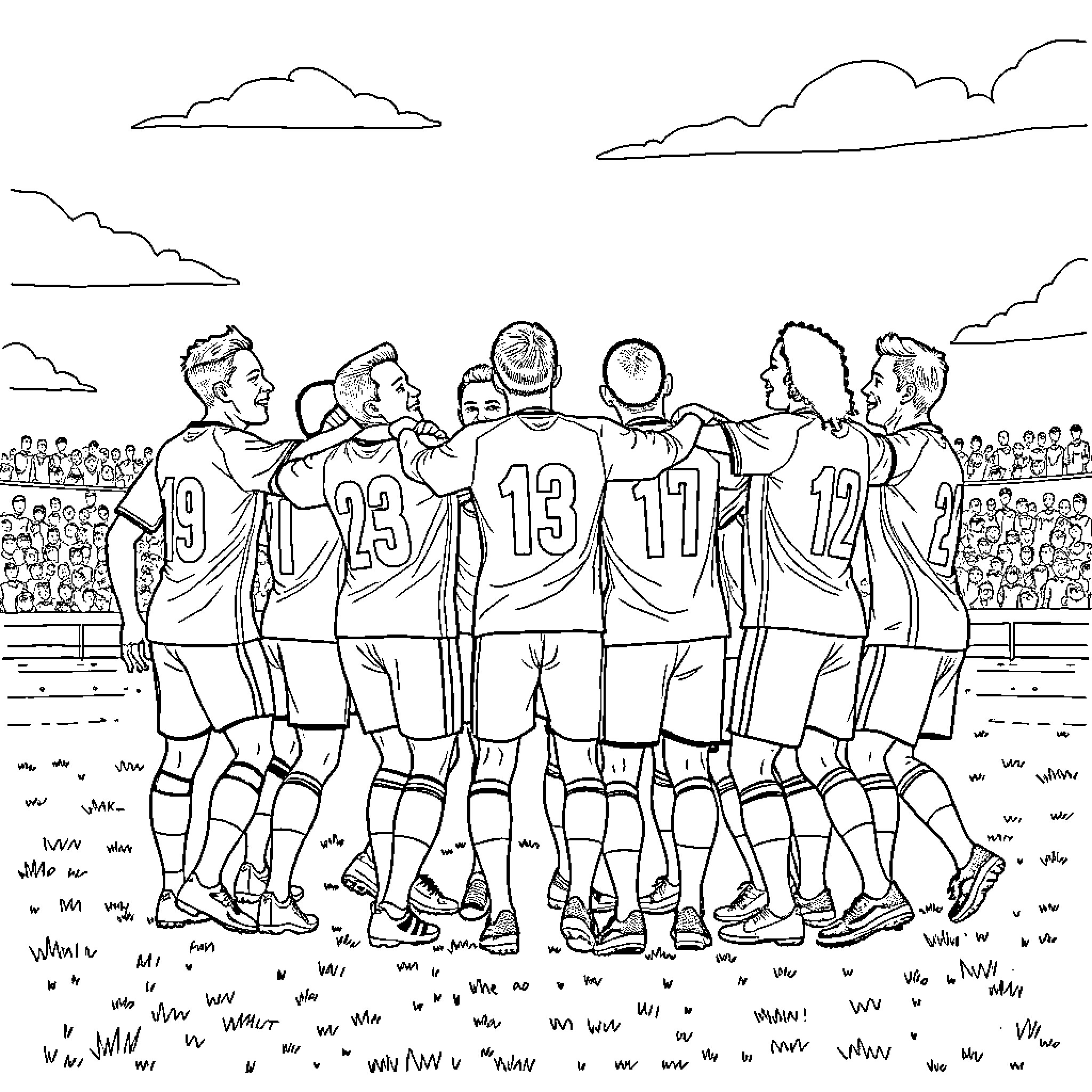 Supa Strikas: Soccer Players Celebrating on the Field Coloring Page (free black-and-white line drawing printable PDF for all, from beginners to advanced learners, including children, teens, adults, and seniors)