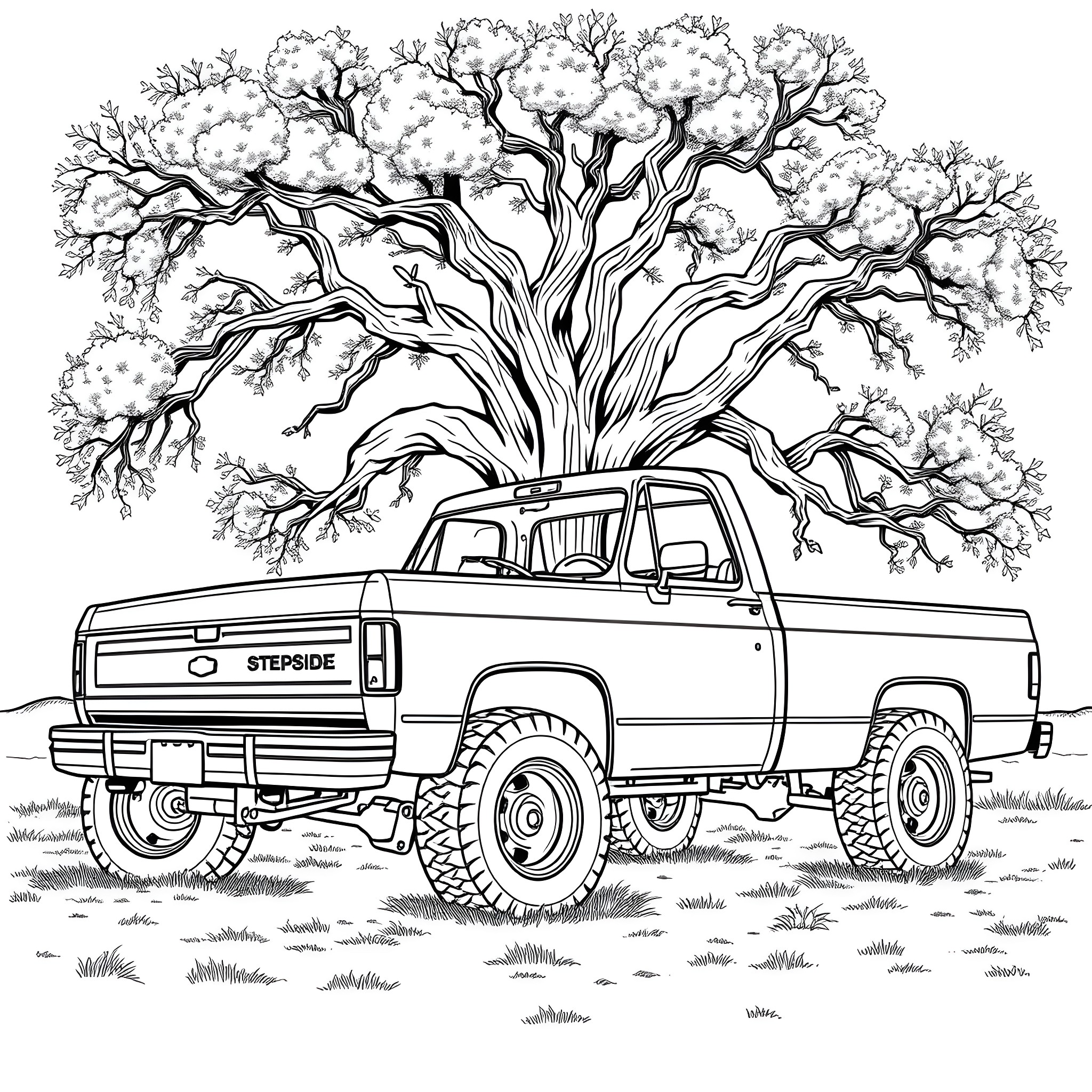 Stepside truck under a large, twisting tree Coloring Page (free black-and-white line drawing printable PDF for all, from beginners to advanced learners, including children, teens, adults, and seniors)