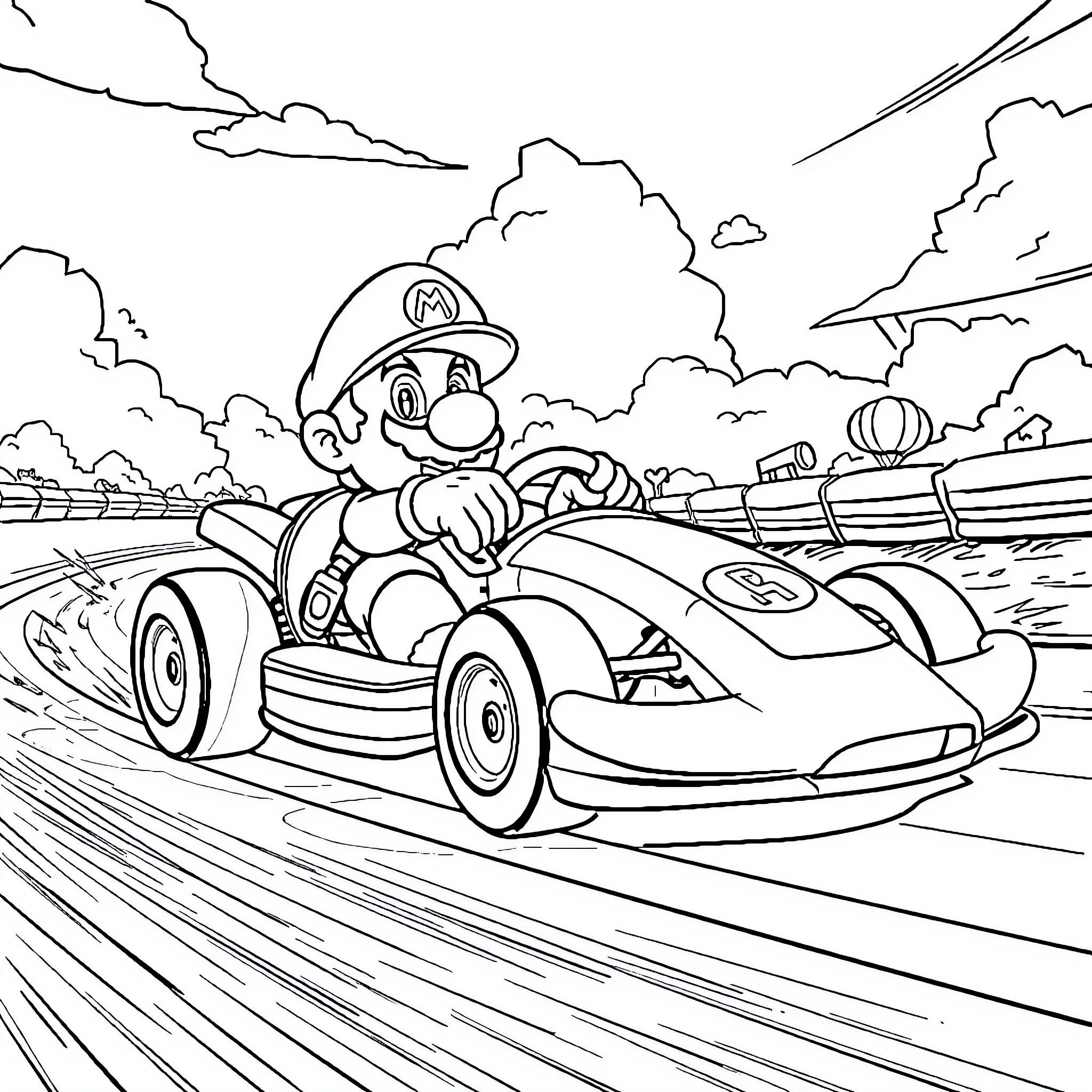 Mario racing in a high-speed kart on a scenic course Coloring Page (free black-and-white line drawing printable PDF for all, from beginners to advanced learners, including children, teens, adults, and seniors)