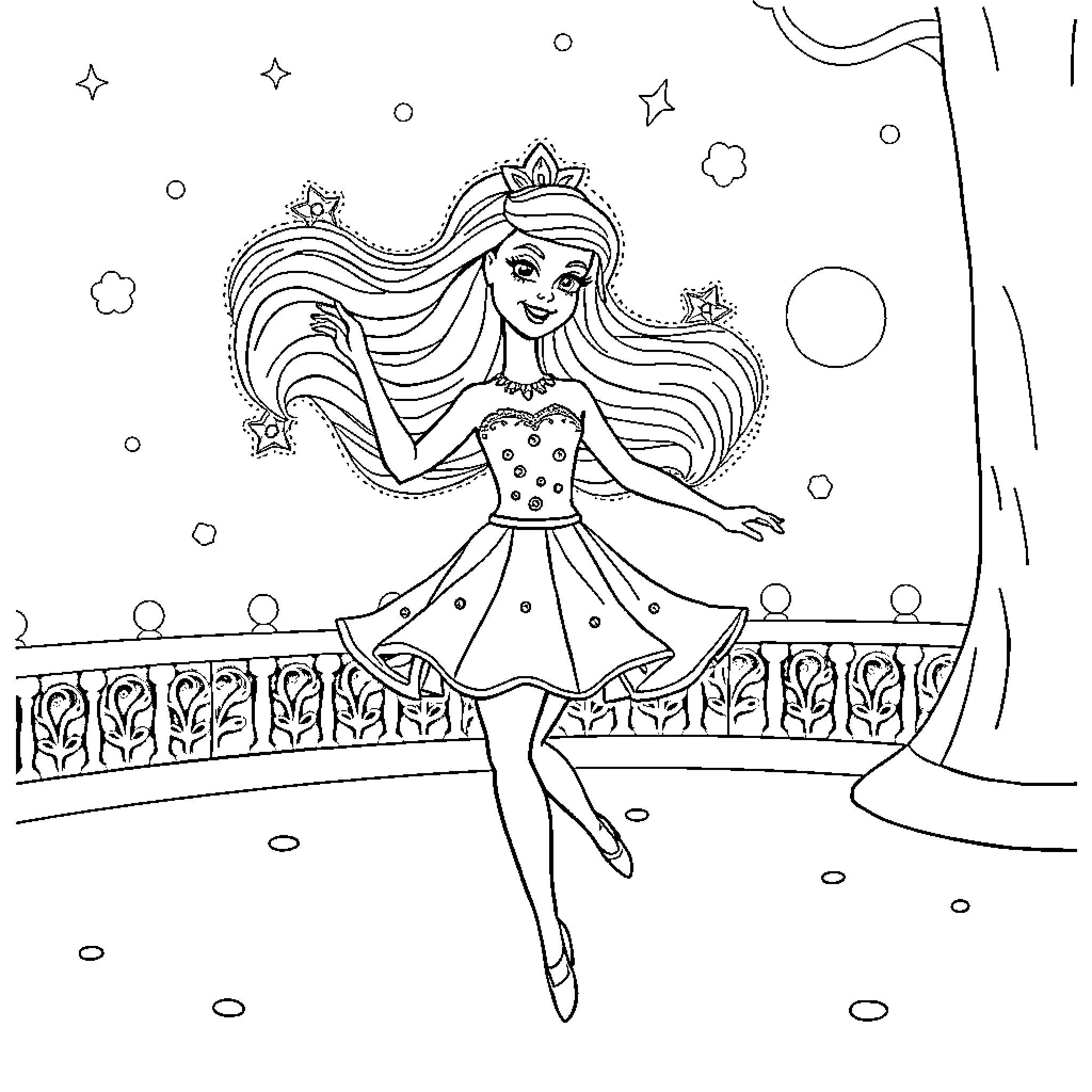 Barbie dancing gracefully on stage Coloring Page (free black-and-white line drawing printable PDF for all, from beginners to advanced learners, including children, teens, adults, and seniors)