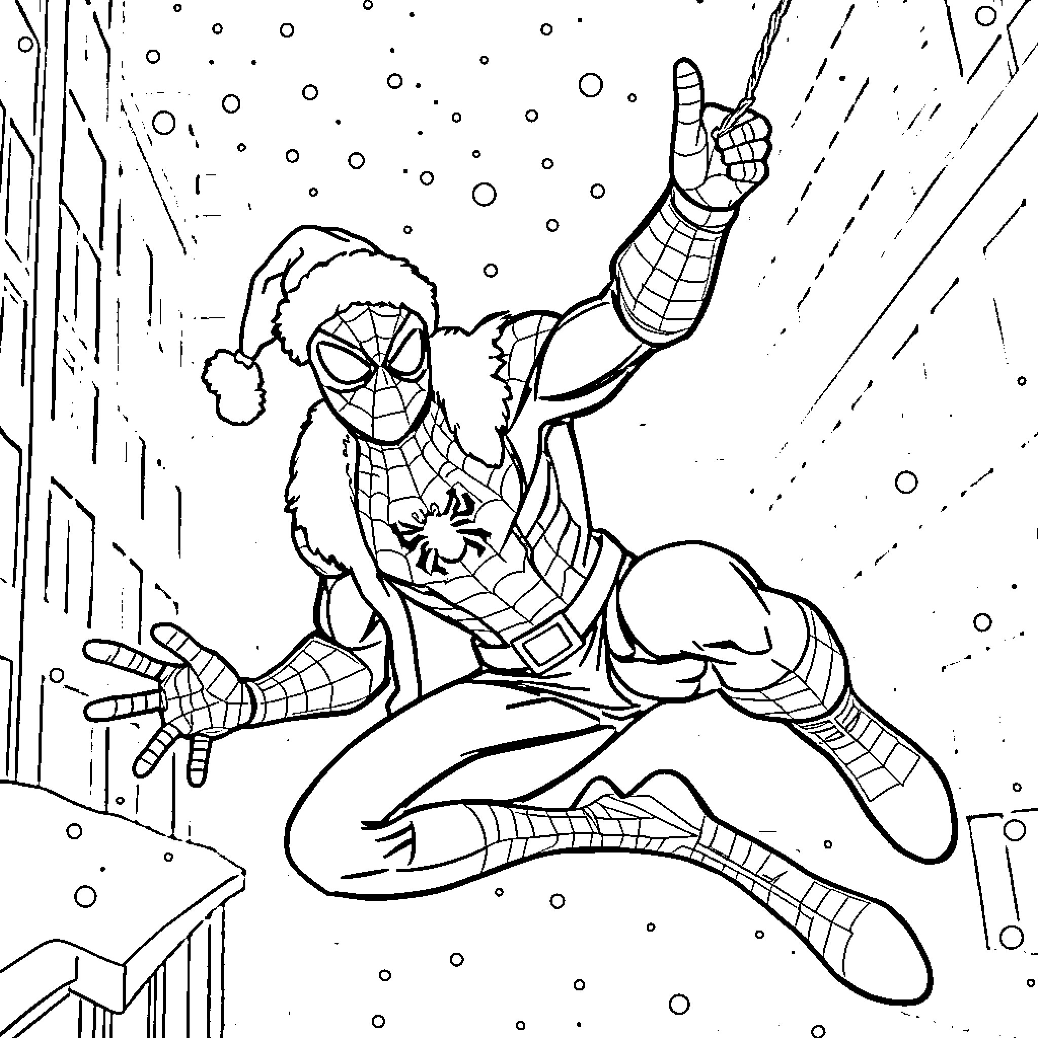 Spider-Man swinging through a snowy cityscape Coloring Page (free black-and-white line drawing printable PDF for all, from beginners to advanced learners, including children, teens, adults, and seniors)