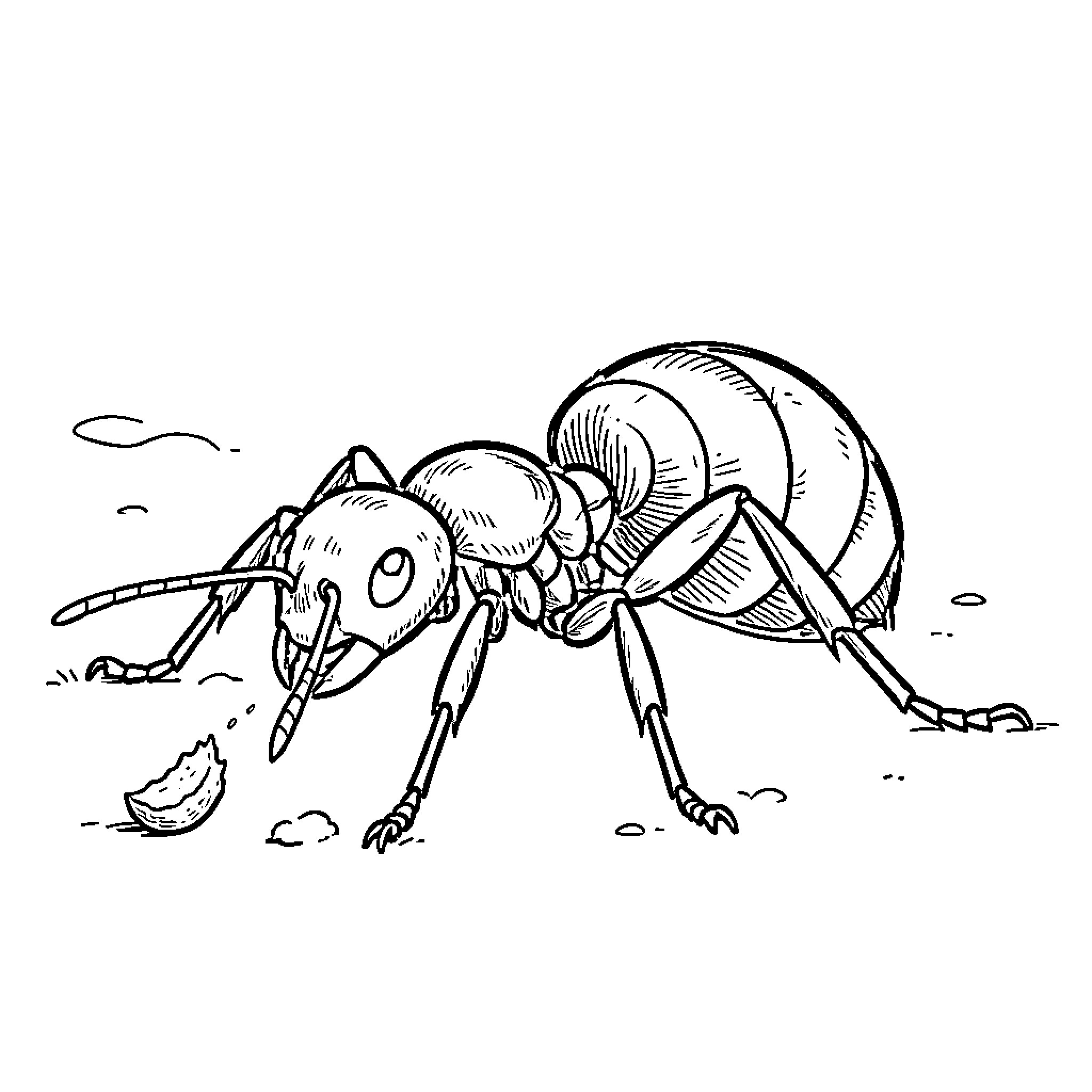 Ant exploring the terrain with curiosity Coloring Page (free black-and-white line drawing printable PDF for all, from beginners to advanced learners, including children, teens, adults, and seniors)