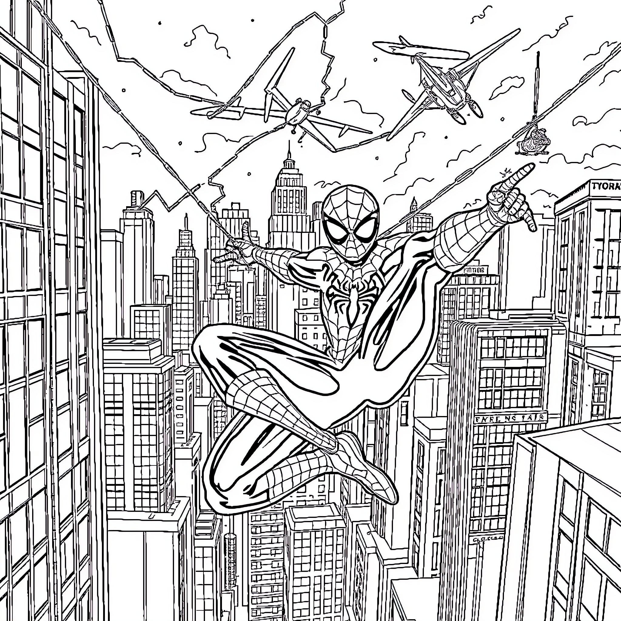 Spiderman swinging through the city skyline Coloring Page (free black-and-white line drawing printable PDF for all, from beginners to advanced learners, including children, teens, adults, and seniors)