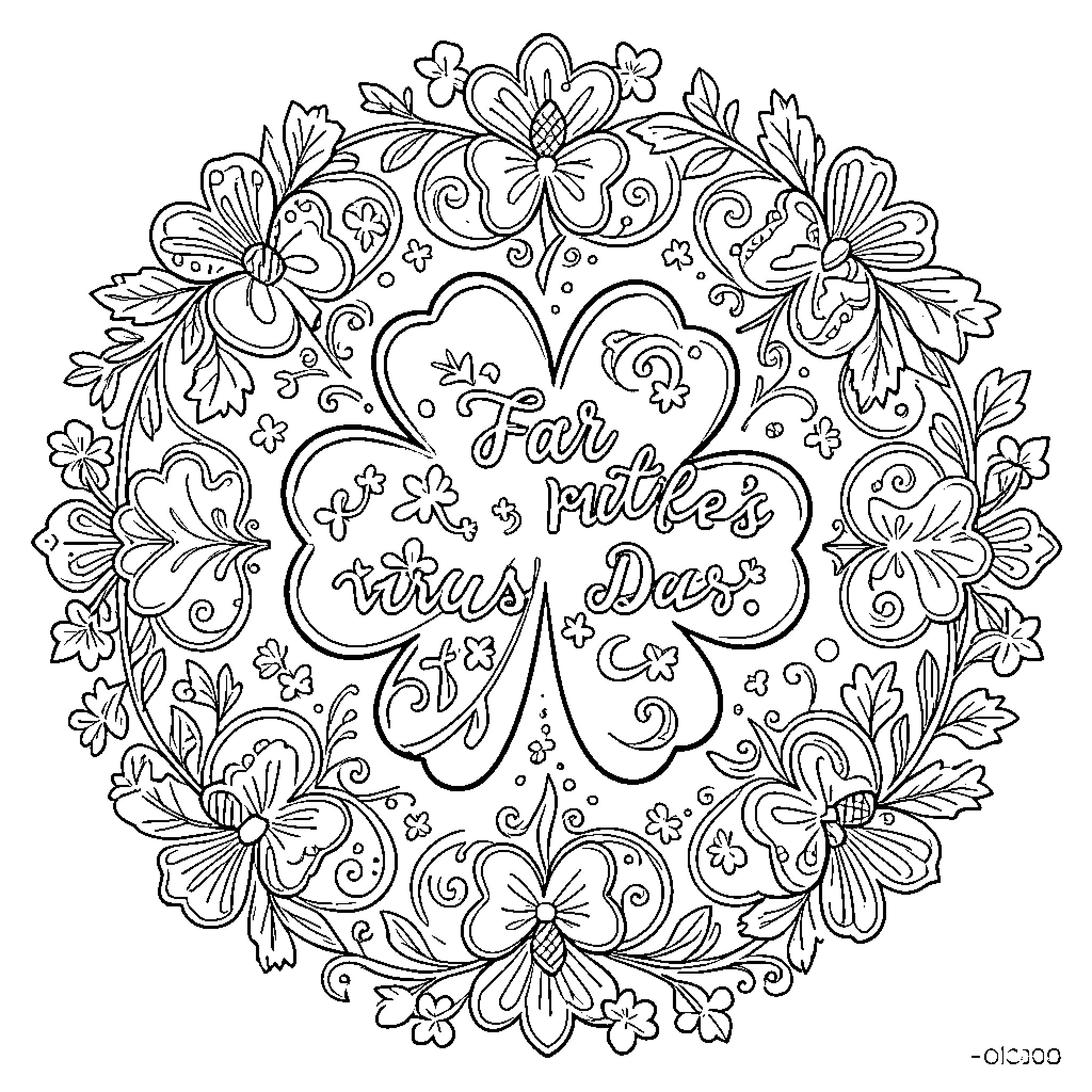 St Patrick's Day floral wreath with inspirational text Coloring Page (free black-and-white line drawing printable PDF for all, from beginners to advanced learners, including children, teens, adults, and seniors)