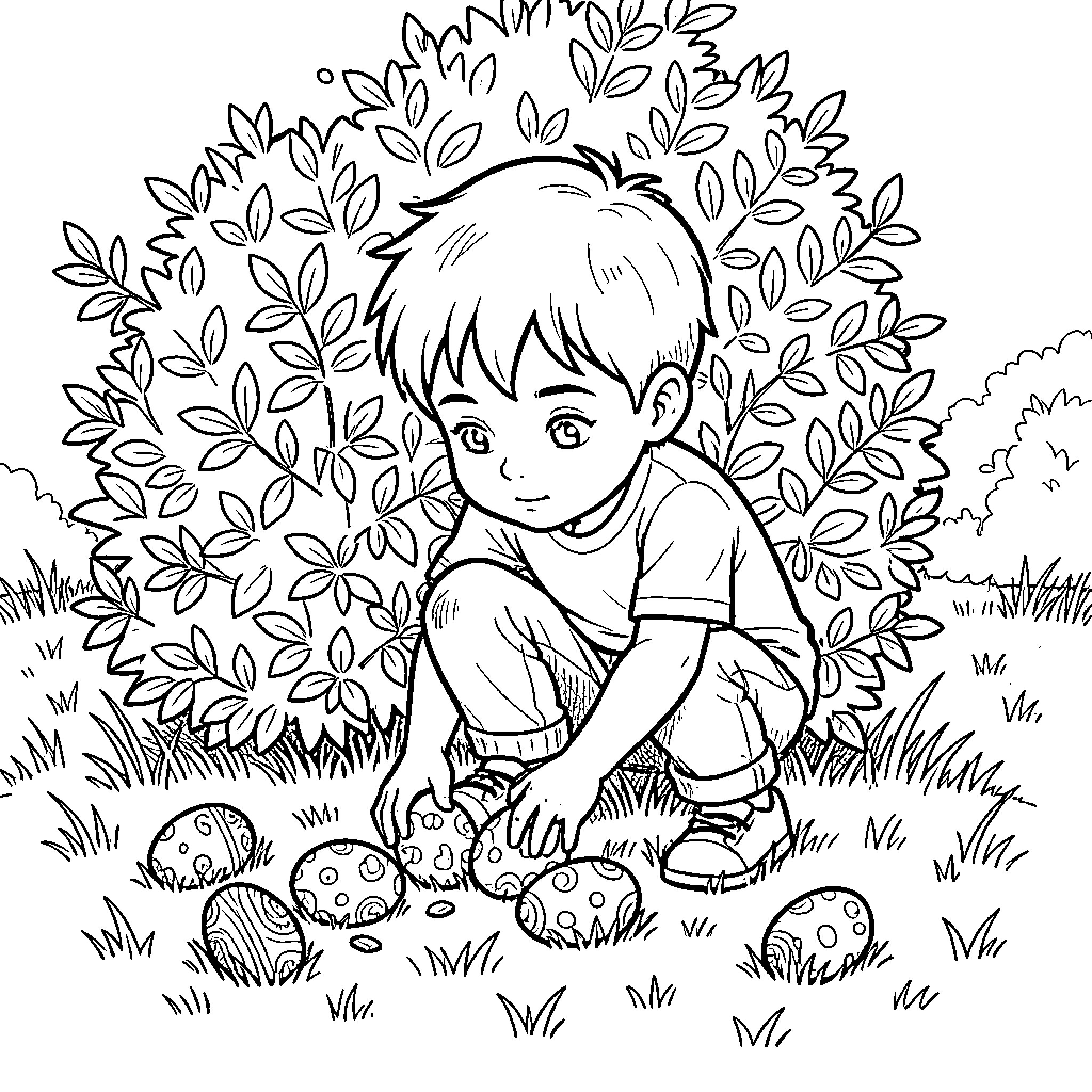 Boy exploring nature and mushrooms in the meadow Coloring Page (free black-and-white line drawing printable PDF for all, from beginners to advanced learners, including children, teens, adults, and seniors)