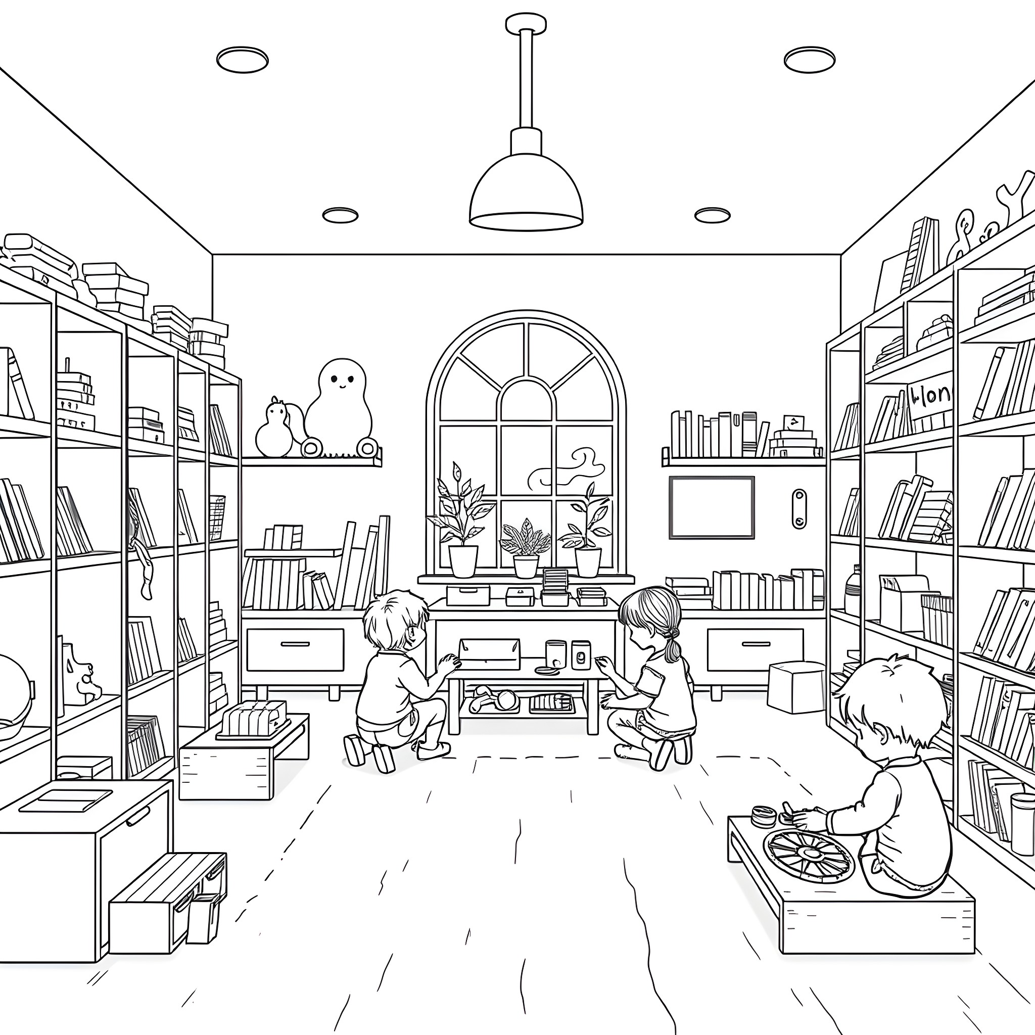 Montessori Children Exploring and Learning in Library Coloring Page (free black-and-white line drawing printable PDF for all, from beginners to advanced learners, including children, teens, adults, and seniors)