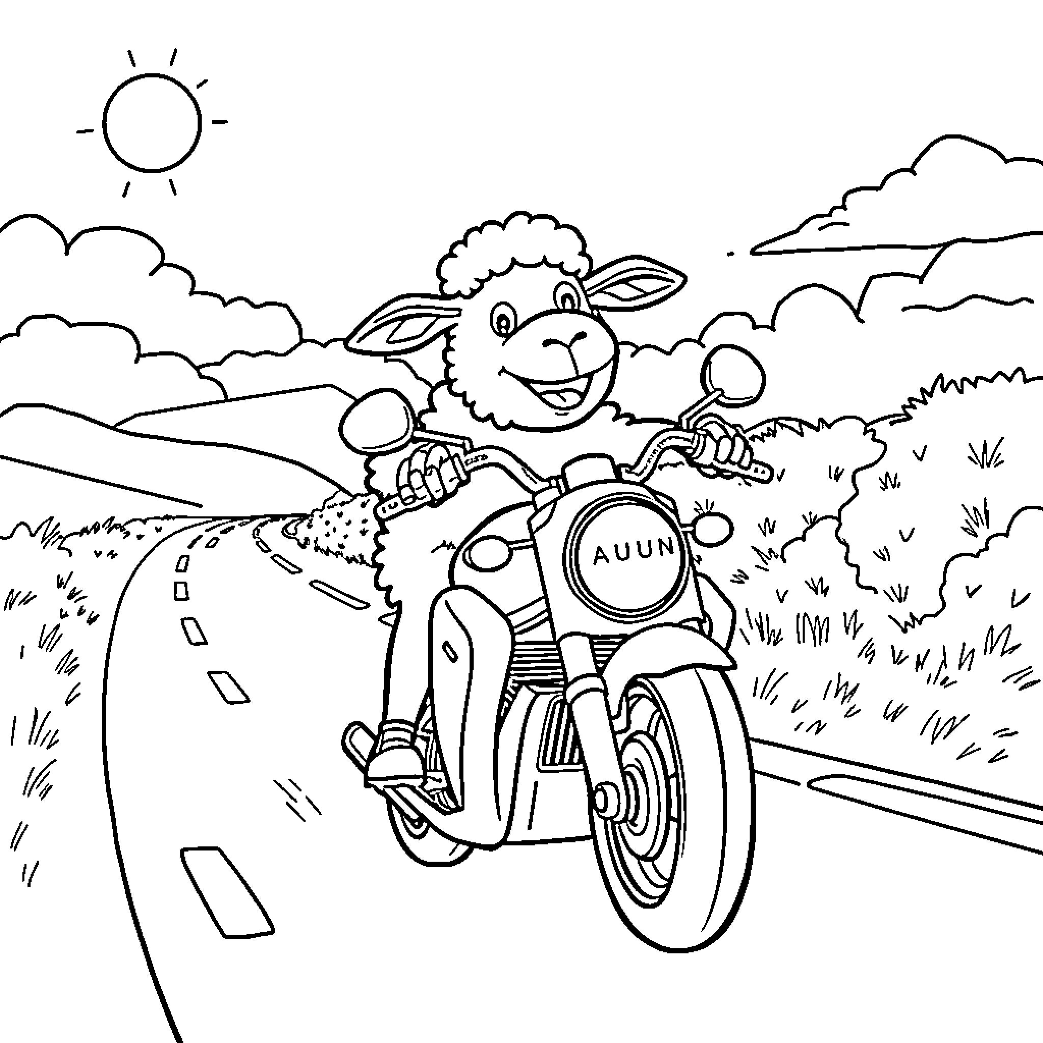 Shaun riding a motorcycle on a rural road Coloring Page (free black-and-white line drawing printable PDF for all, from beginners to advanced learners, including children, teens, adults, and seniors)