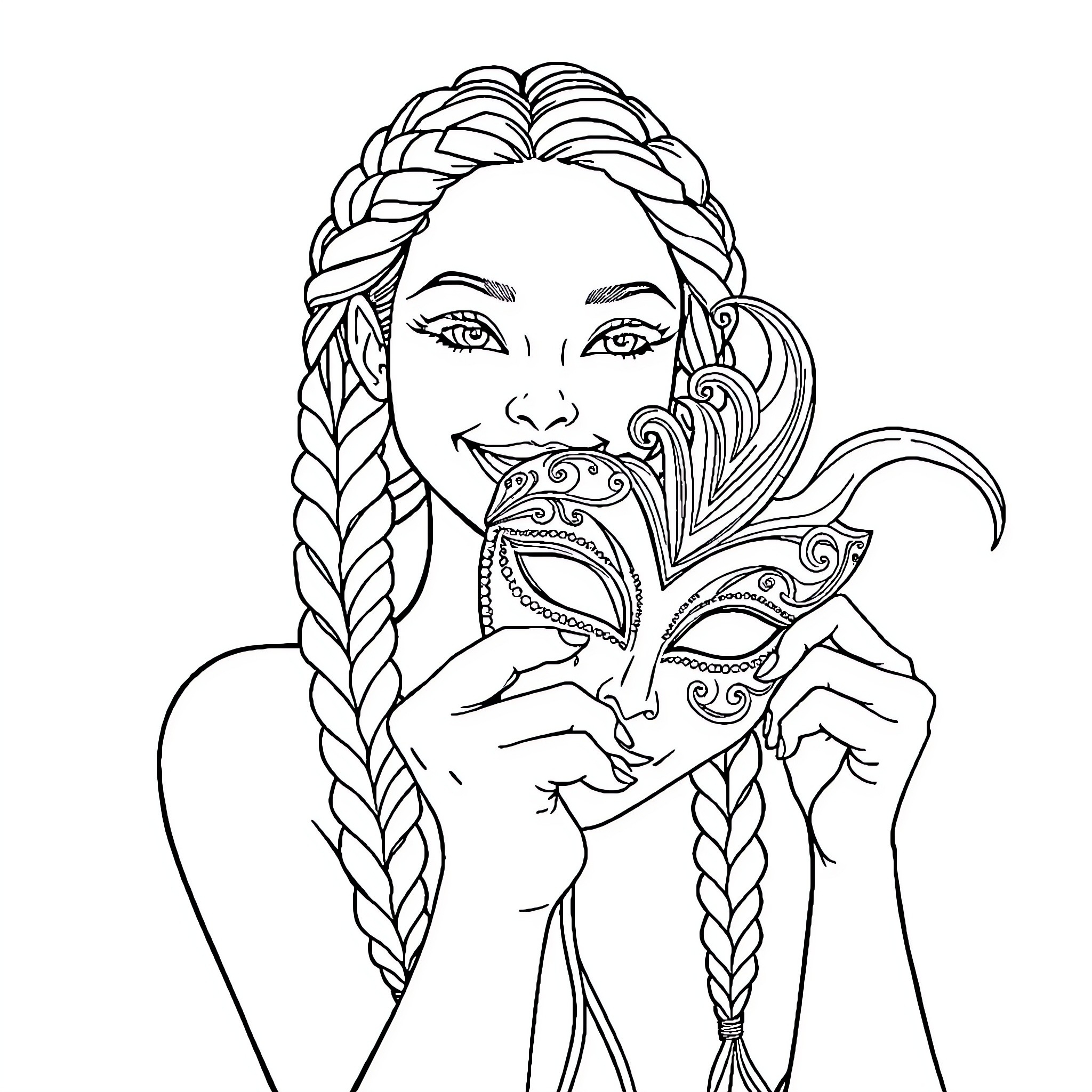 Woman Holding Decorative Mask Coloring Page (free black-and-white line drawing printable PDF for all, from beginners to advanced learners, including children, teens, adults, and seniors)