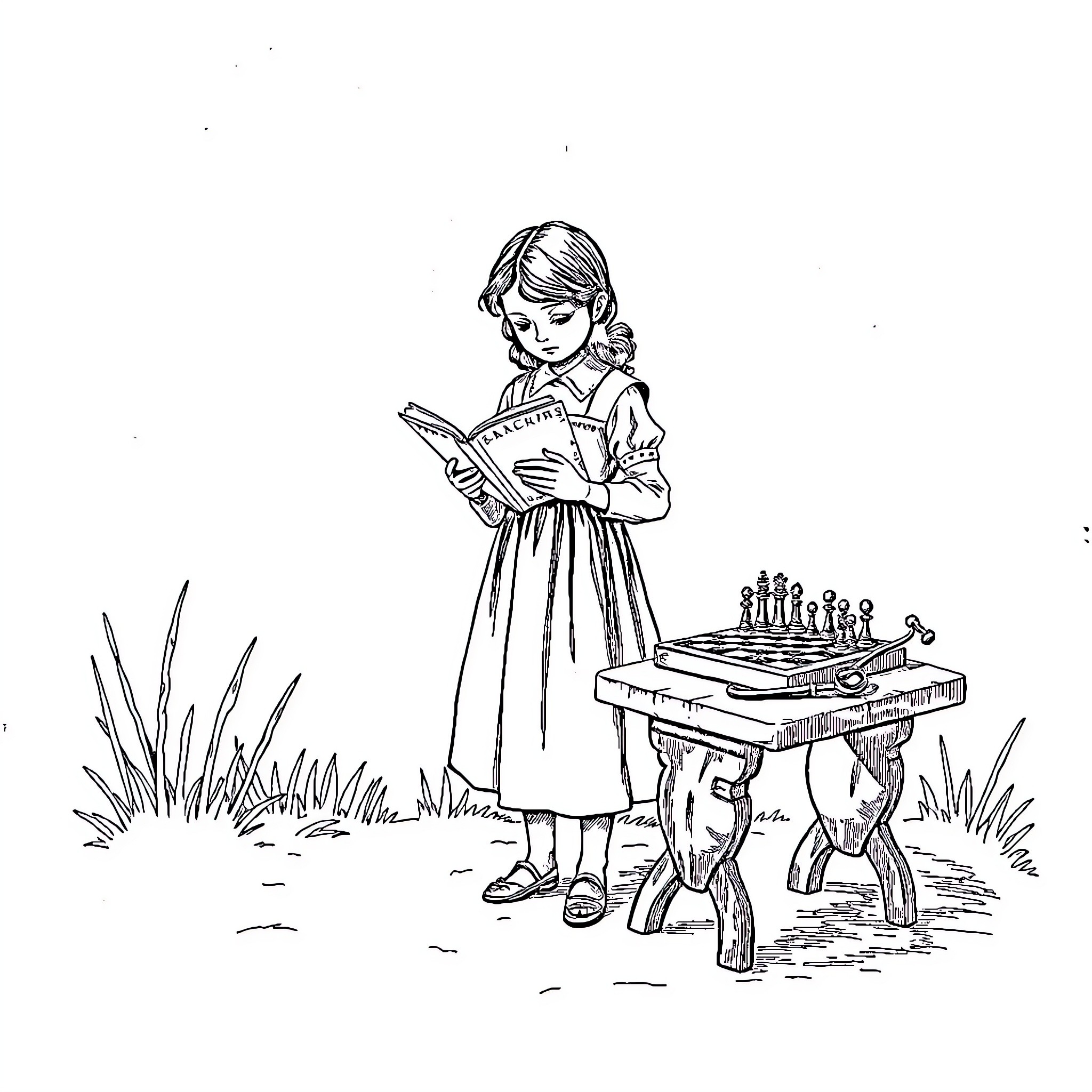 Girl reading book and playing chess outdoors Coloring Page (free black-and-white line drawing printable PDF for all, from beginners to advanced learners, including children, teens, adults, and seniors)