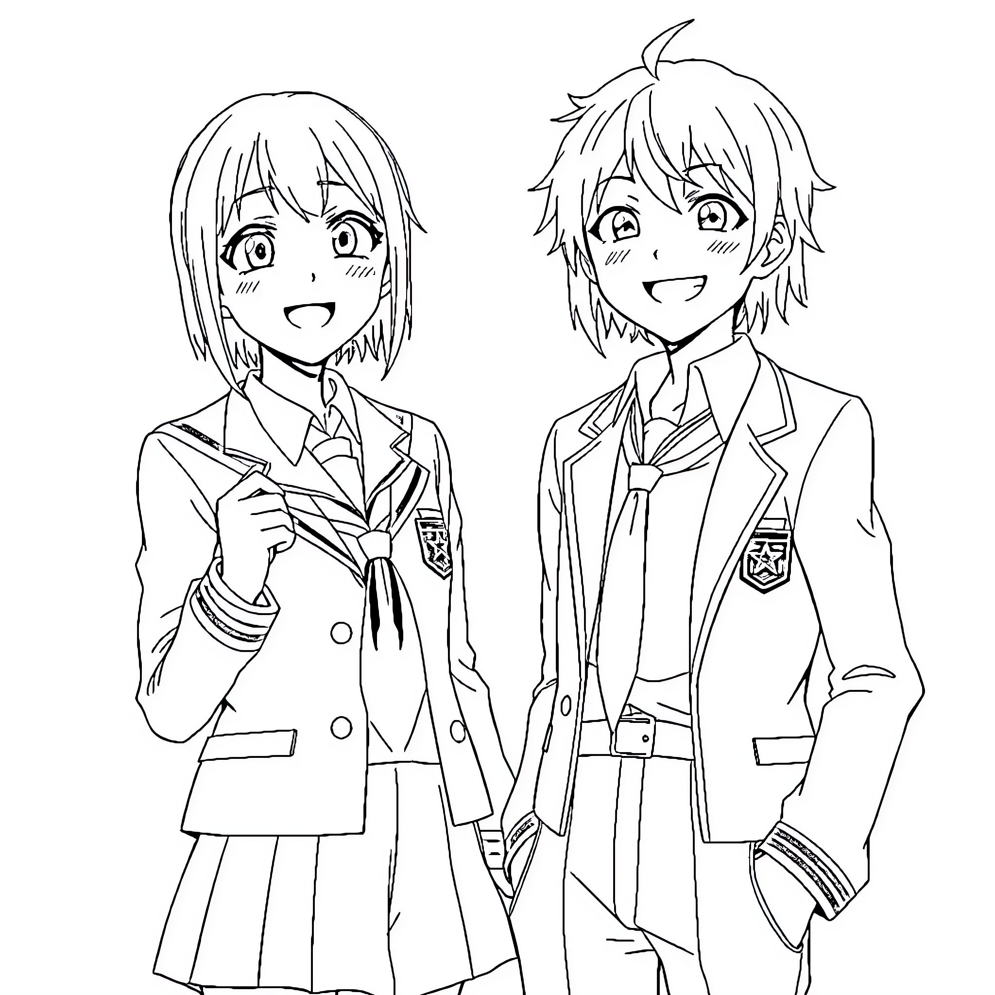 Uraraka and friend in school uniforms Coloring Page (free black-and-white line drawing printable PDF for all, from beginners to advanced learners, including children, teens, adults, and seniors)