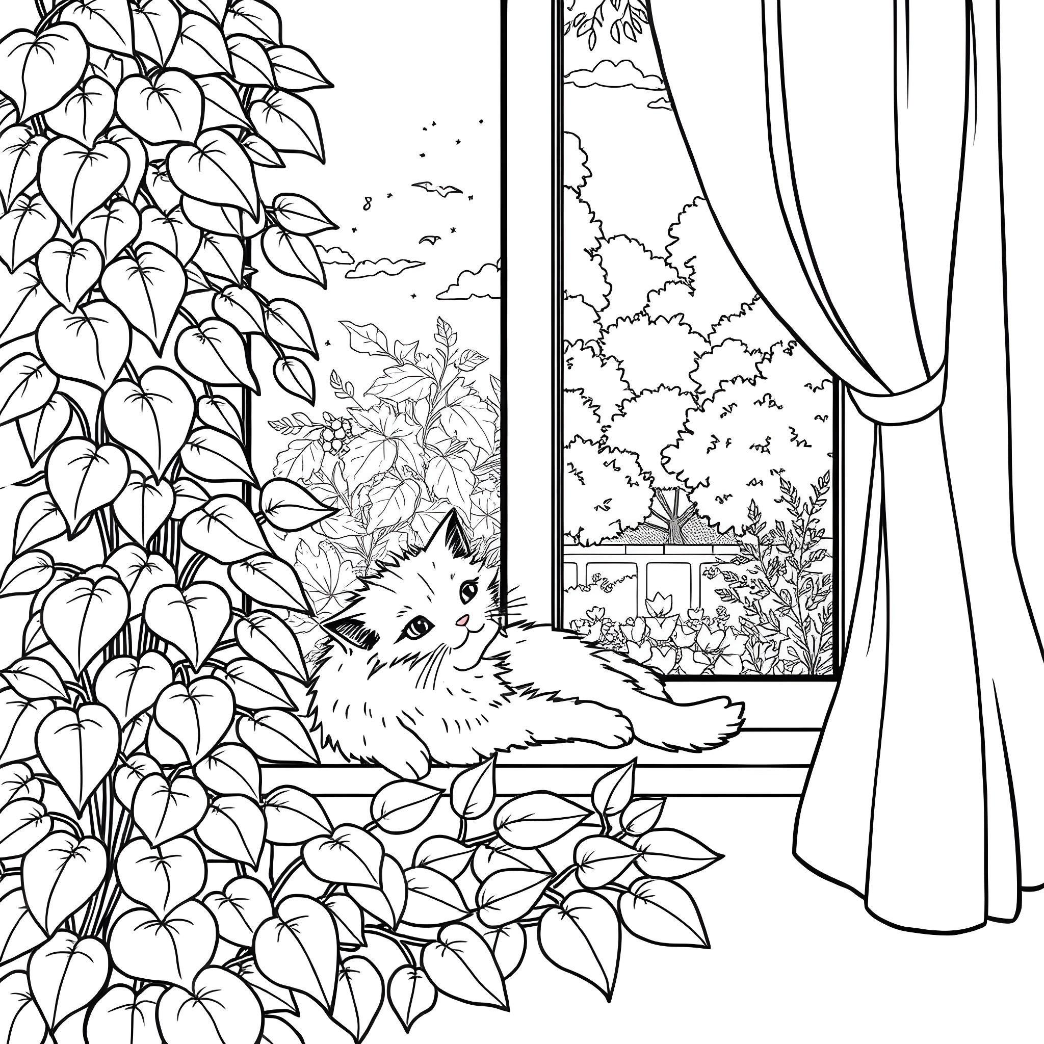 Cat resting in lush foliage by window Coloring Page (free black-and-white line drawing printable PDF for all, from beginners to advanced learners, including children, teens, adults, and seniors)