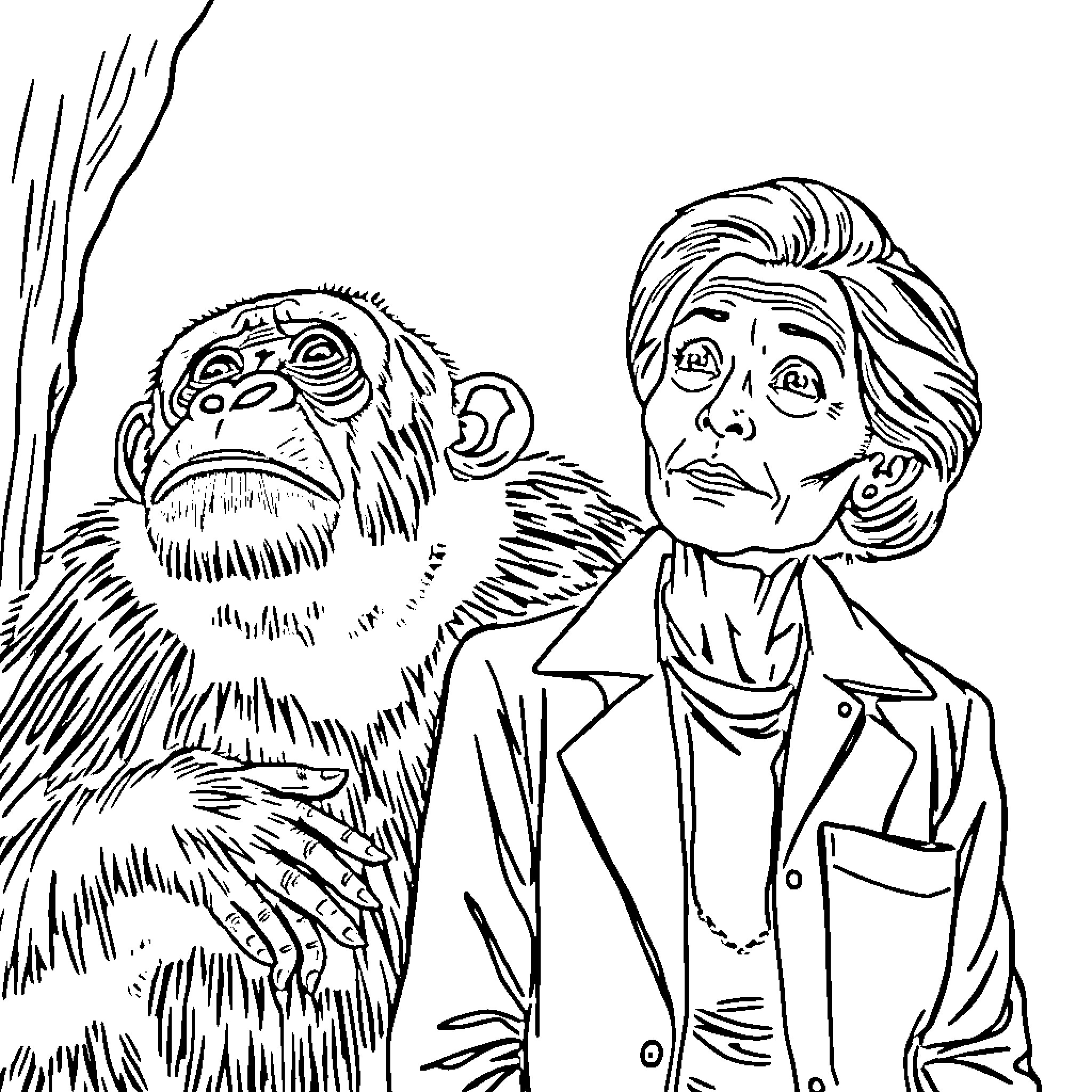 Scientist Discussing Primate Behavior with Companion Coloring Page (free black-and-white line drawing printable PDF for all, from beginners to advanced learners, including children, teens, adults, and seniors)