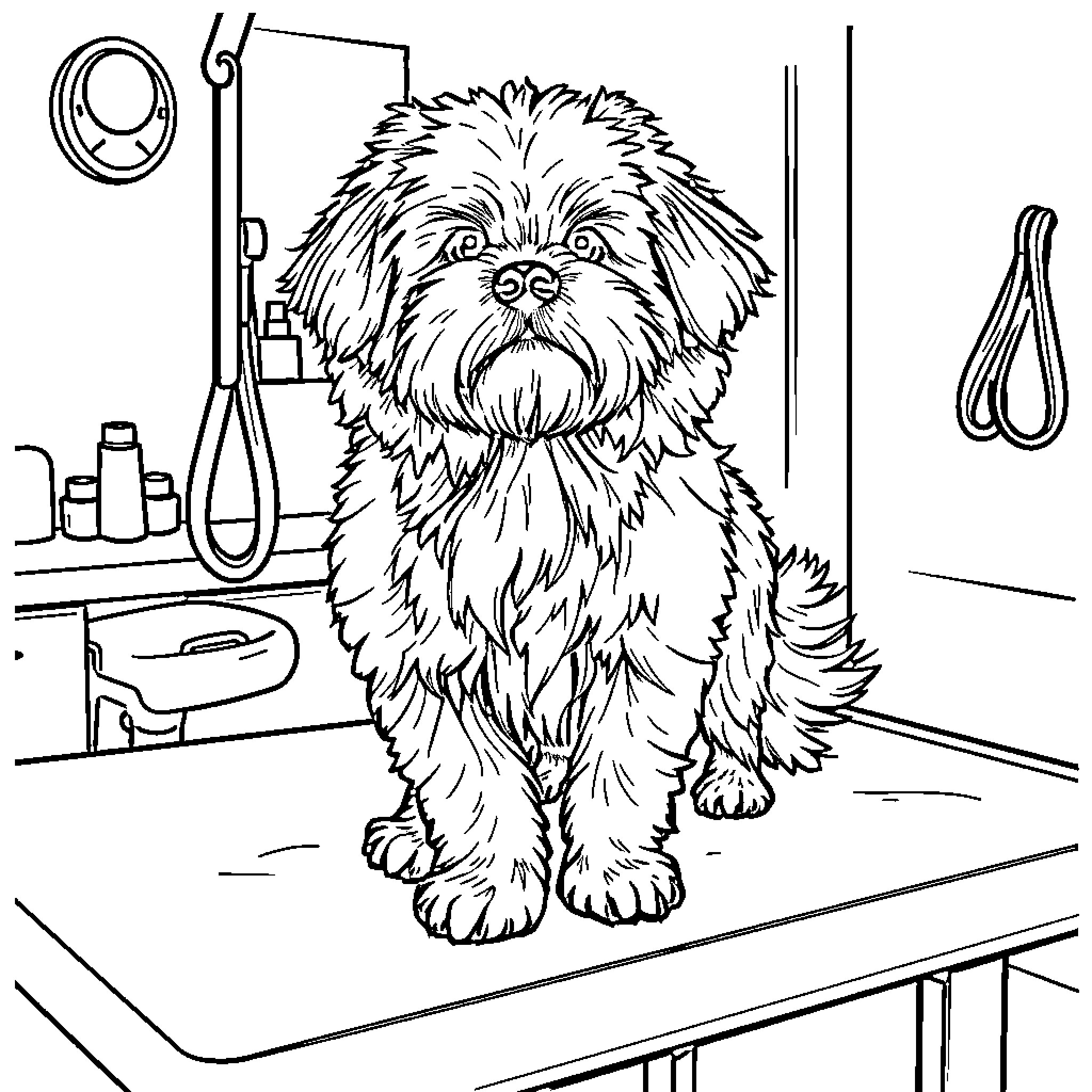 Dog waiting patiently at the grooming table Coloring Page (free black-and-white line drawing printable PDF for all, from beginners to advanced learners, including children, teens, adults, and seniors)