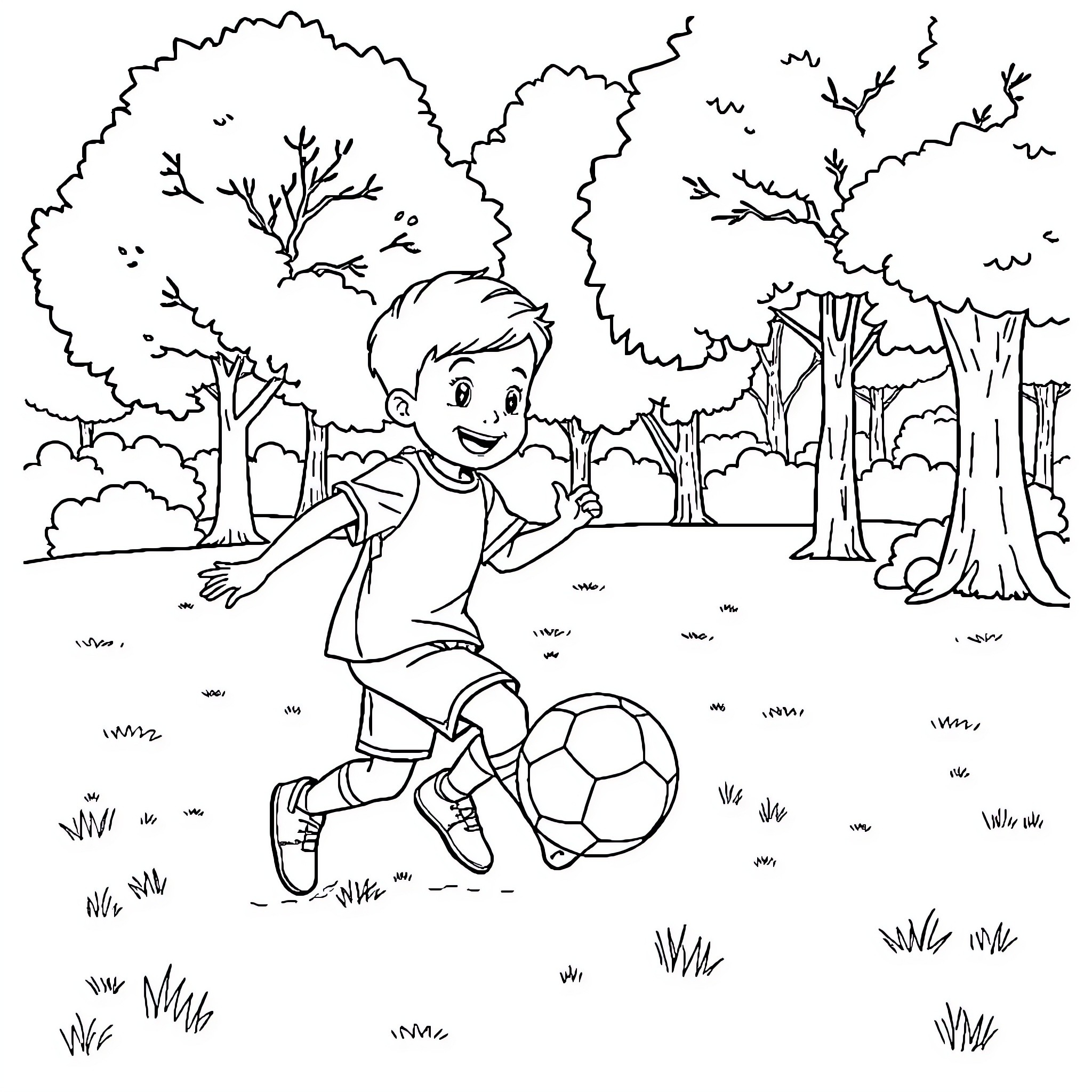 Kid playing with soccer ball in park Coloring Page (free black-and-white line drawing printable PDF for all, from beginners to advanced learners, including children, teens, adults, and seniors)