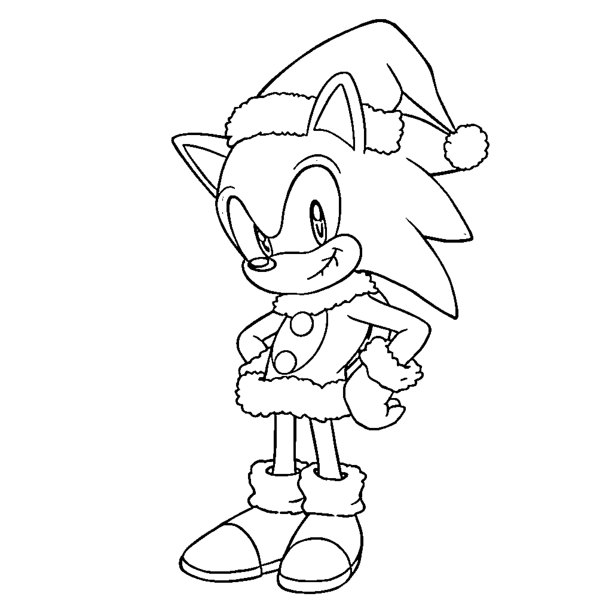 Sonic character in Santa outfit posing happily Coloring Page (free black-and-white line drawing printable PDF for all, from beginners to advanced learners, including children, teens, adults, and seniors)