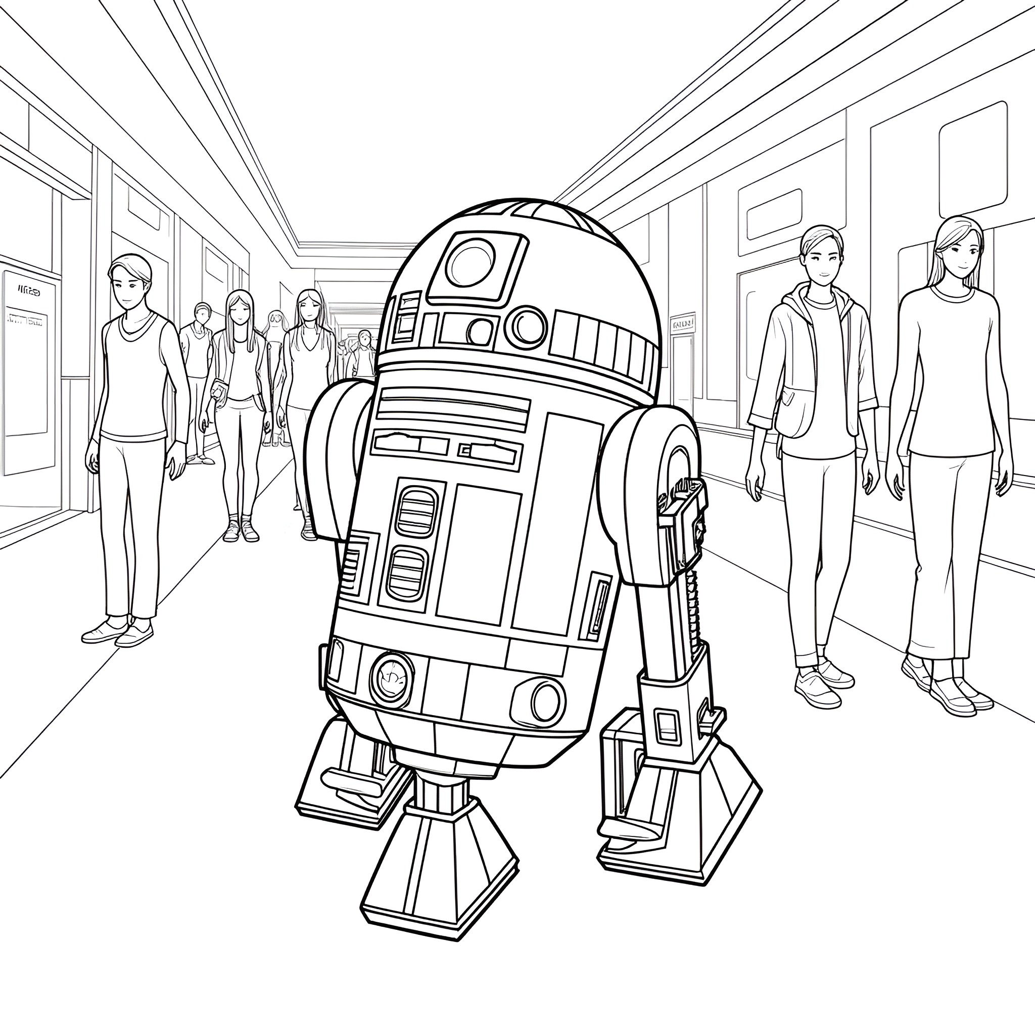 R2-D2 in a futuristic city setting Coloring Page (free black-and-white line drawing printable PDF for all, from beginners to advanced learners, including children, teens, adults, and seniors)