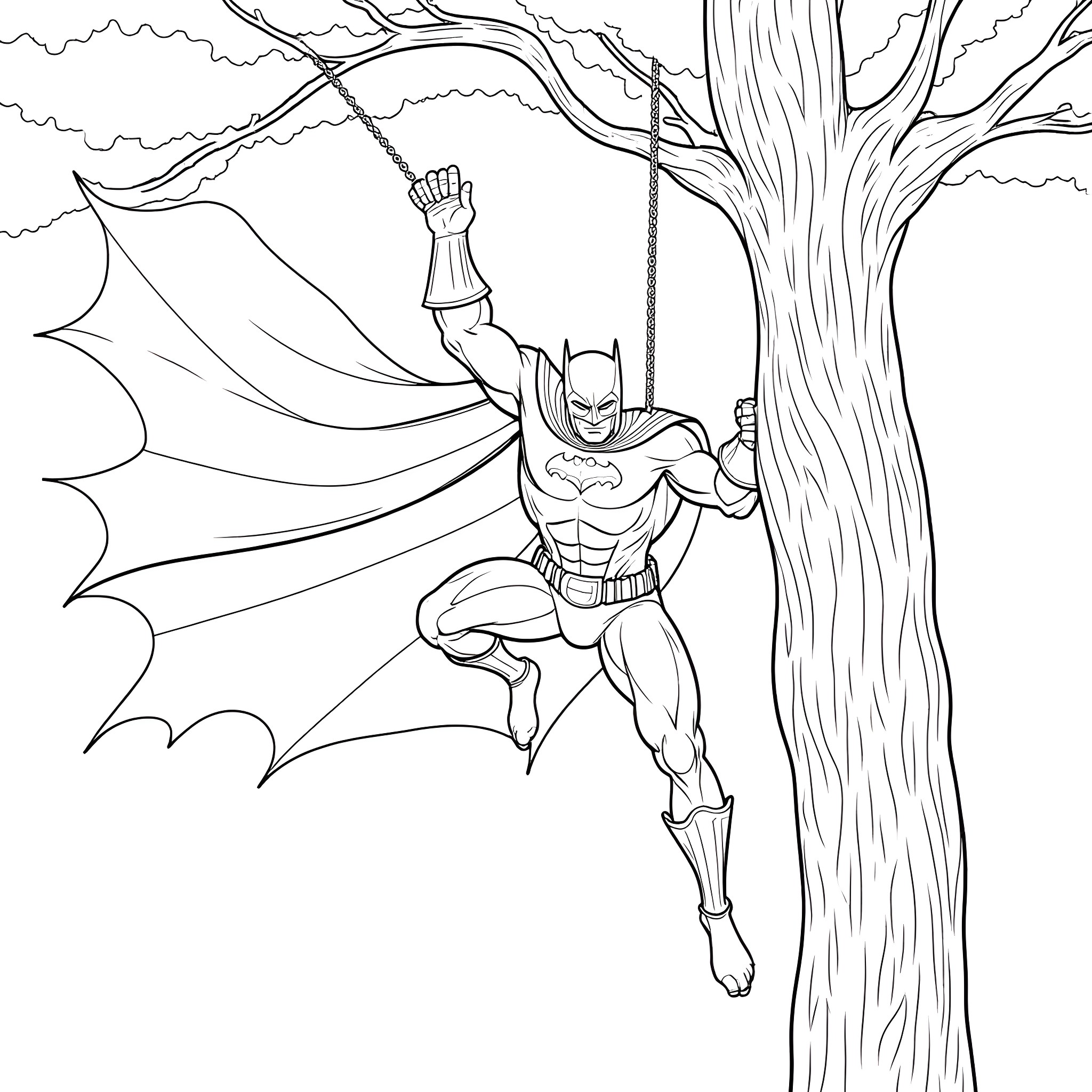 Batman swinging from a tree branch in action Coloring Page (free black-and-white line drawing printable PDF for all, from beginners to advanced learners, including children, teens, adults, and seniors)