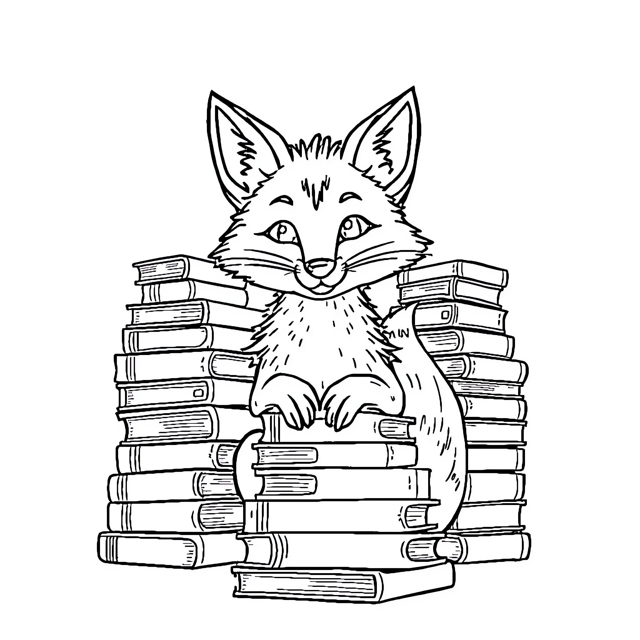 Fox nestled among stacks of books Coloring Page (free black-and-white line drawing printable PDF for all, from beginners to advanced learners, including children, teens, adults, and seniors)