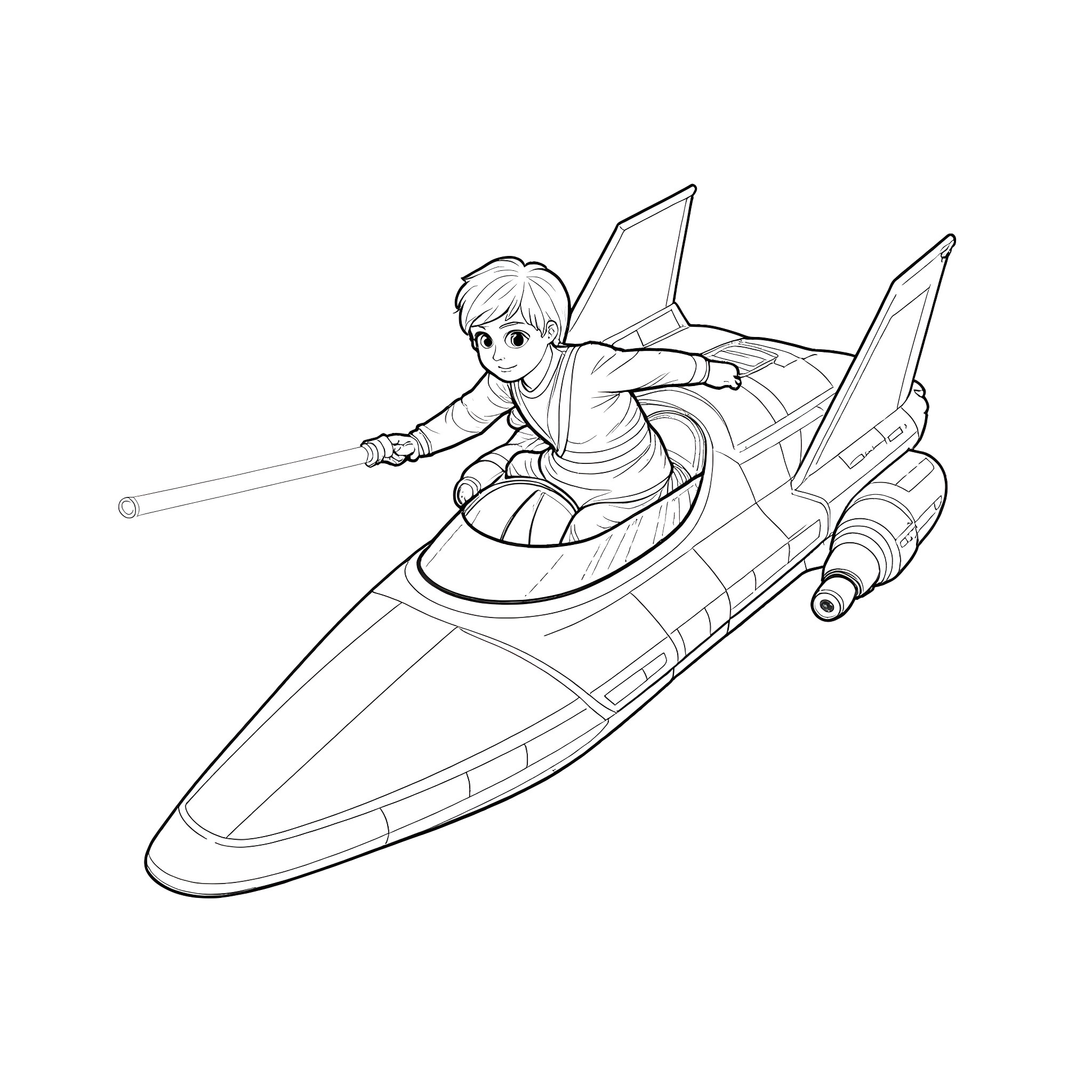 Luke Skywalker piloting a futuristic spacecraft Coloring Page (free black-and-white line drawing printable PDF for all, from beginners to advanced learners, including children, teens, adults, and seniors)