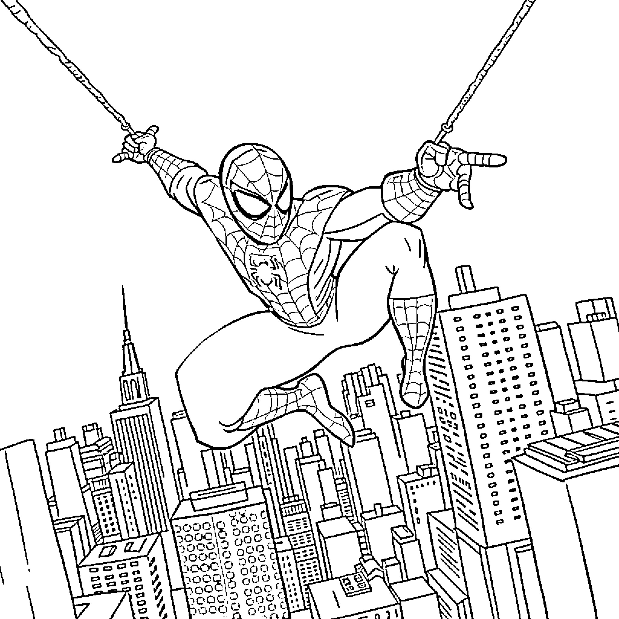 Spiderman swinging through the city skyline Coloring Page (free black-and-white line drawing printable PDF for all, from beginners to advanced learners, including children, teens, adults, and seniors)