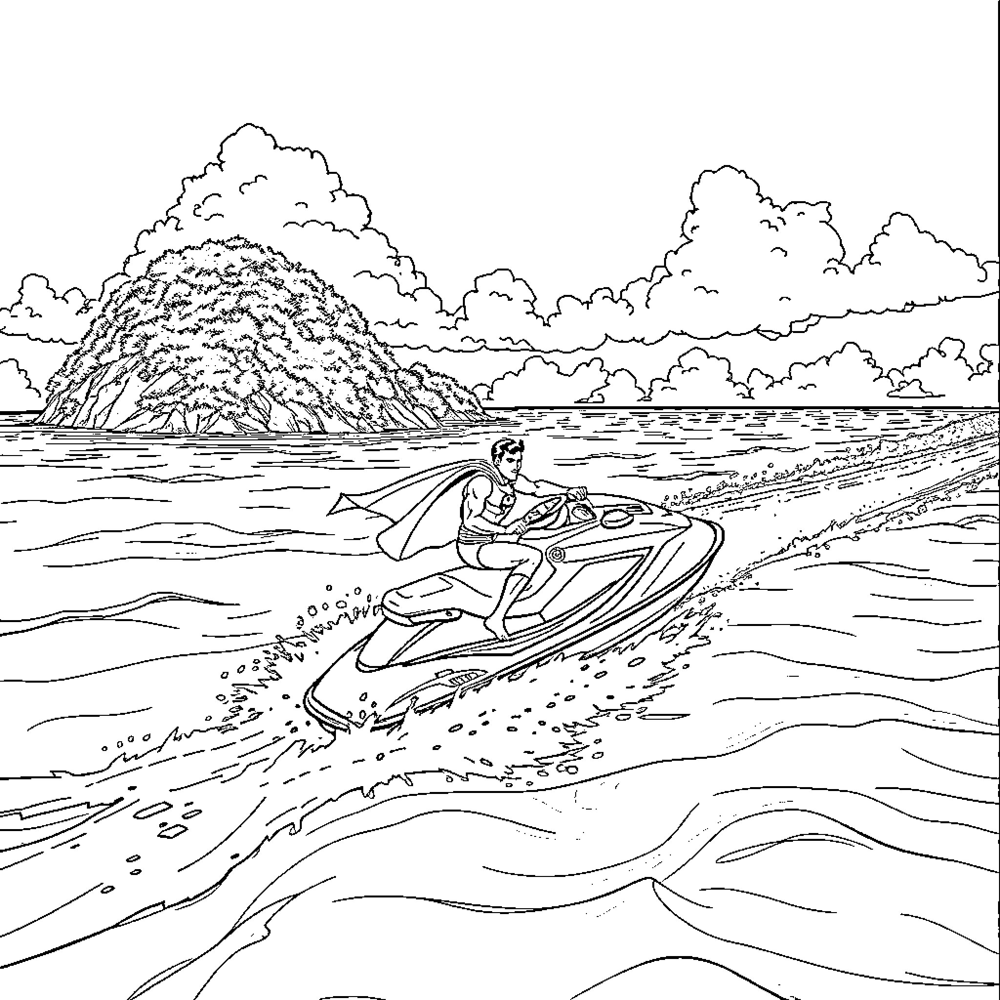 Superman riding a jet ski through a scenic seascape Coloring Page (free black-and-white line drawing printable PDF for all, from beginners to advanced learners, including children, teens, adults, and seniors)