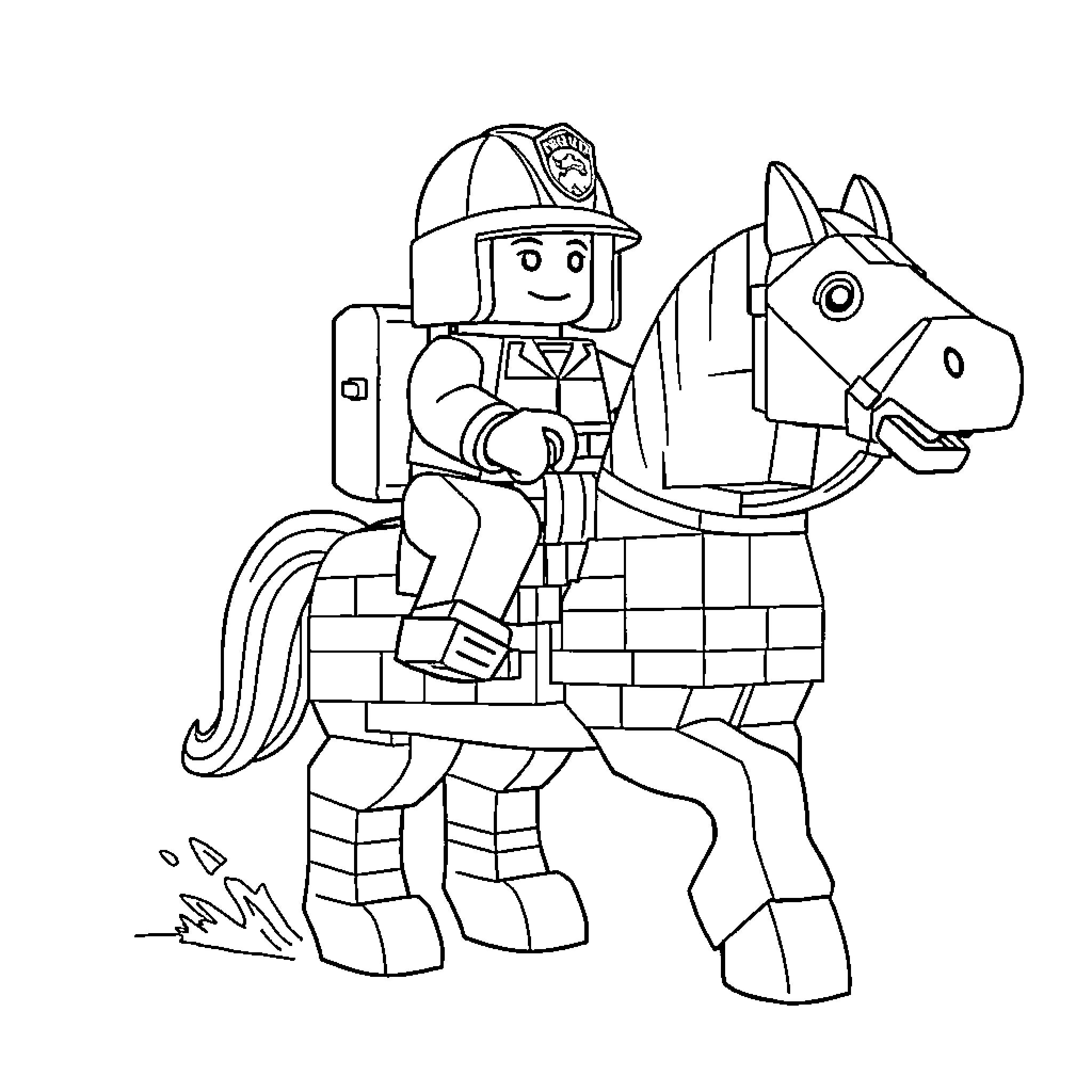 Lego Firefighter riding a horse on duty Coloring Page (free black-and-white line drawing printable PDF for all, from beginners to advanced learners, including children, teens, adults, and seniors)