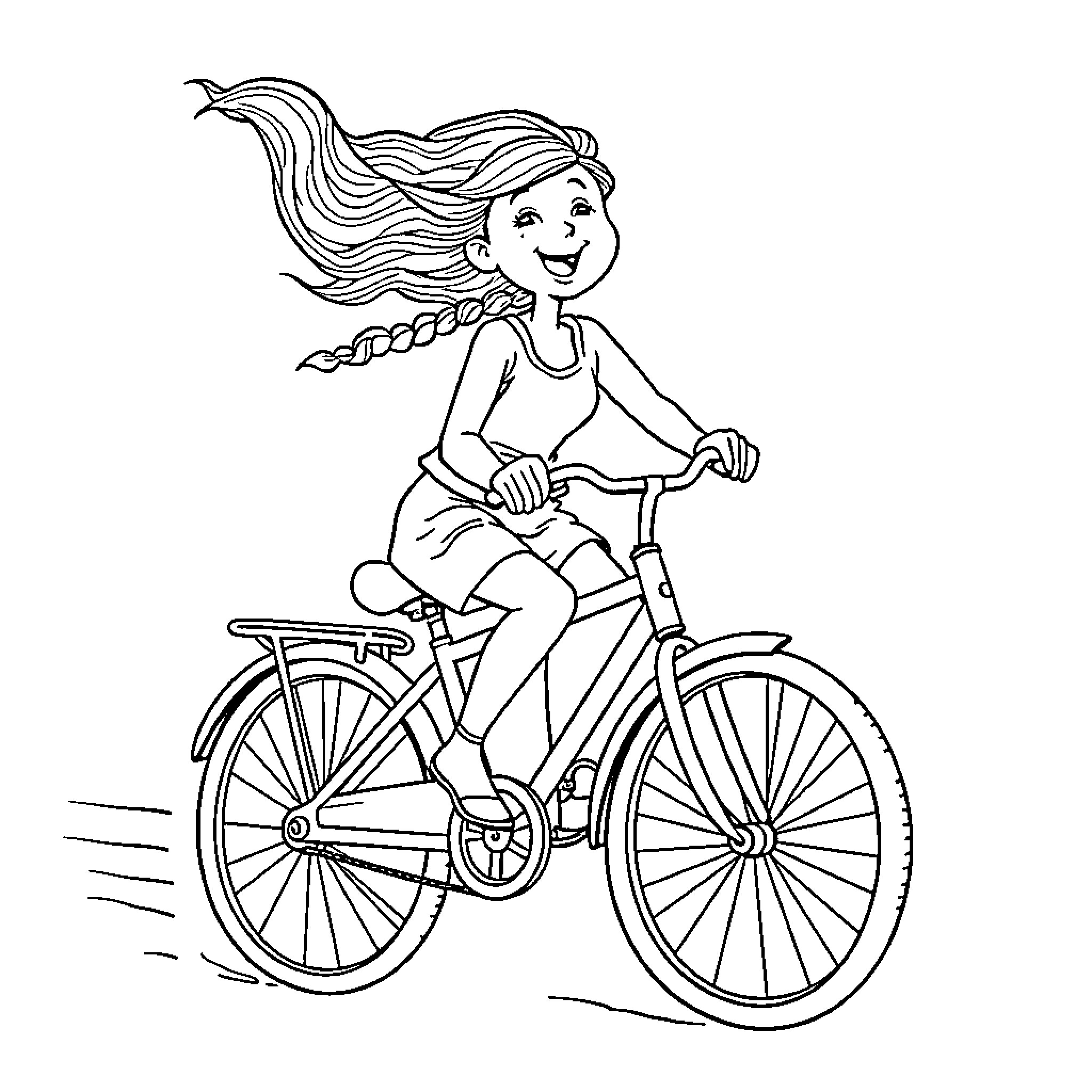 Pippi Longstocking rides her bicycle with enthusiasm Coloring Page (free black-and-white line drawing printable PDF for all, from beginners to advanced learners, including children, teens, adults, and seniors)