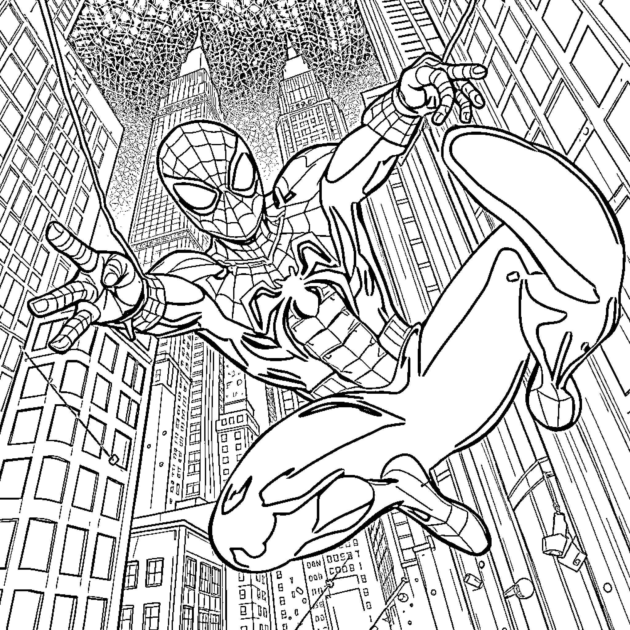 Spider-Man swinging through the city skyline Coloring Page (free black-and-white line drawing printable PDF for all, from beginners to advanced learners, including children, teens, adults, and seniors)