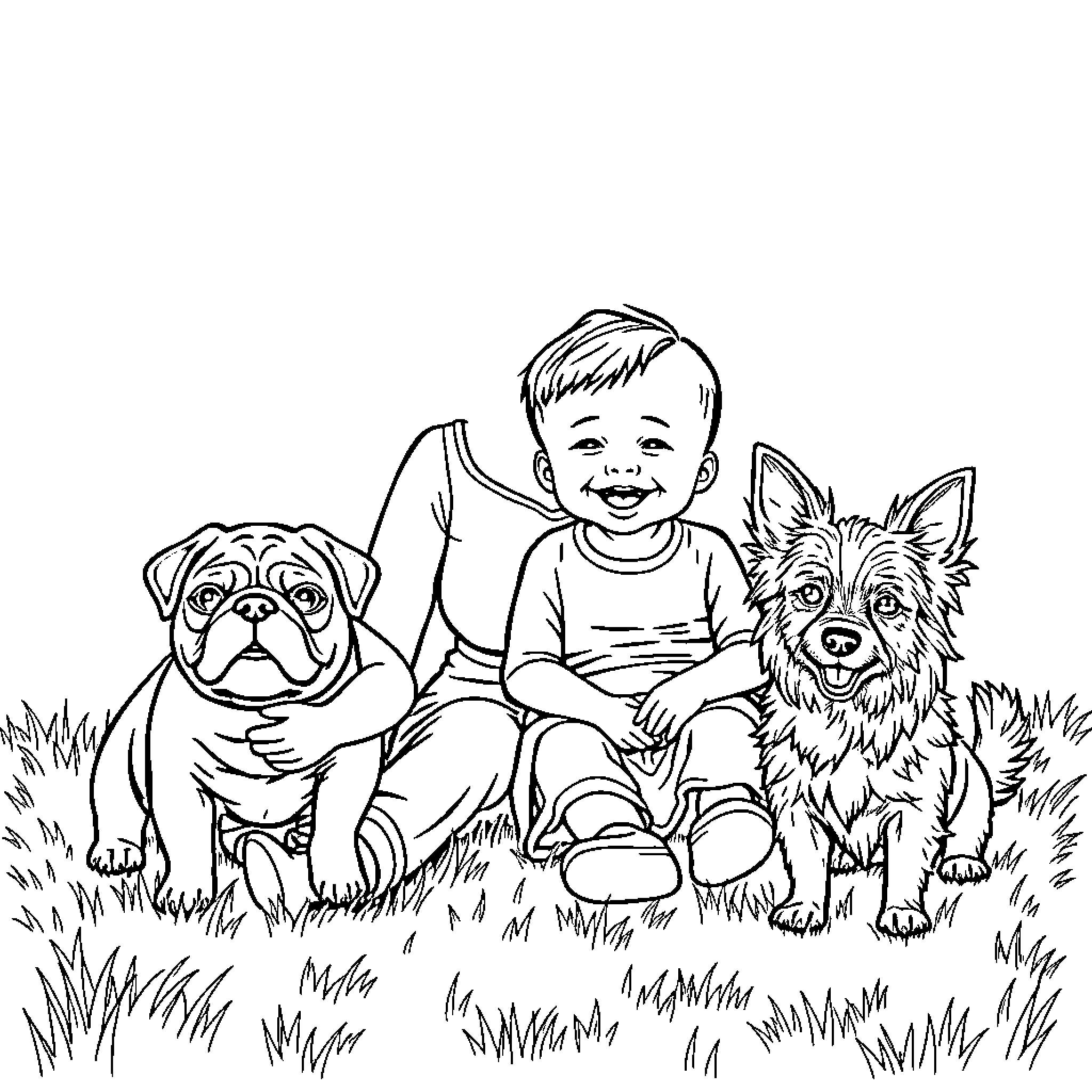 Baby playing with adorable puppies in the grass Coloring Page (free black-and-white line drawing printable PDF for all, from beginners to advanced learners, including children, teens, adults, and seniors)