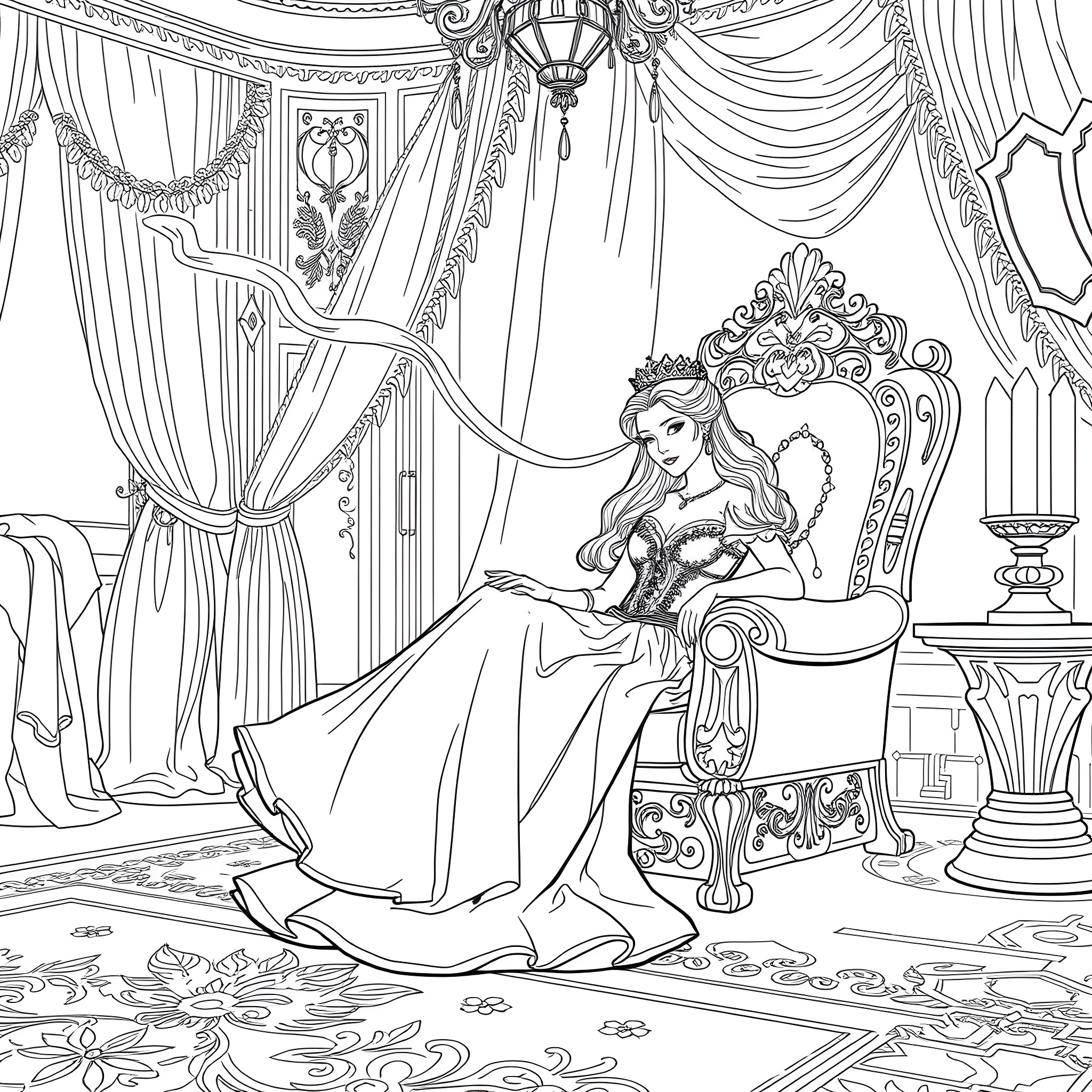 Princess in an ornate palace interior Coloring Page (free black-and-white line drawing printable PDF for all, from beginners to advanced learners, including children, teens, adults, and seniors)