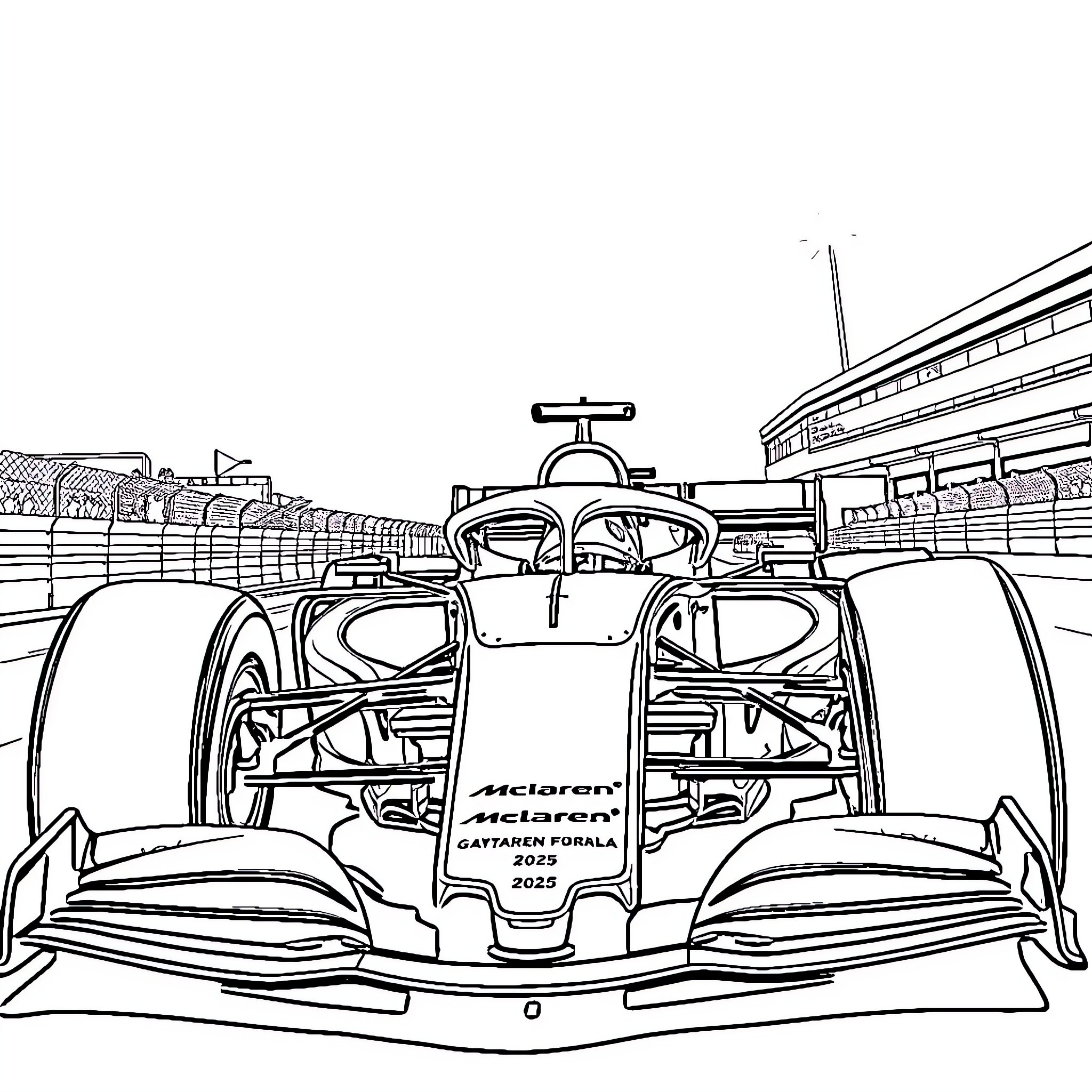 McLaren Formula Car Racing on Track Coloring Page (free black-and-white line drawing printable PDF for all, from beginners to advanced learners, including children, teens, adults, and seniors)