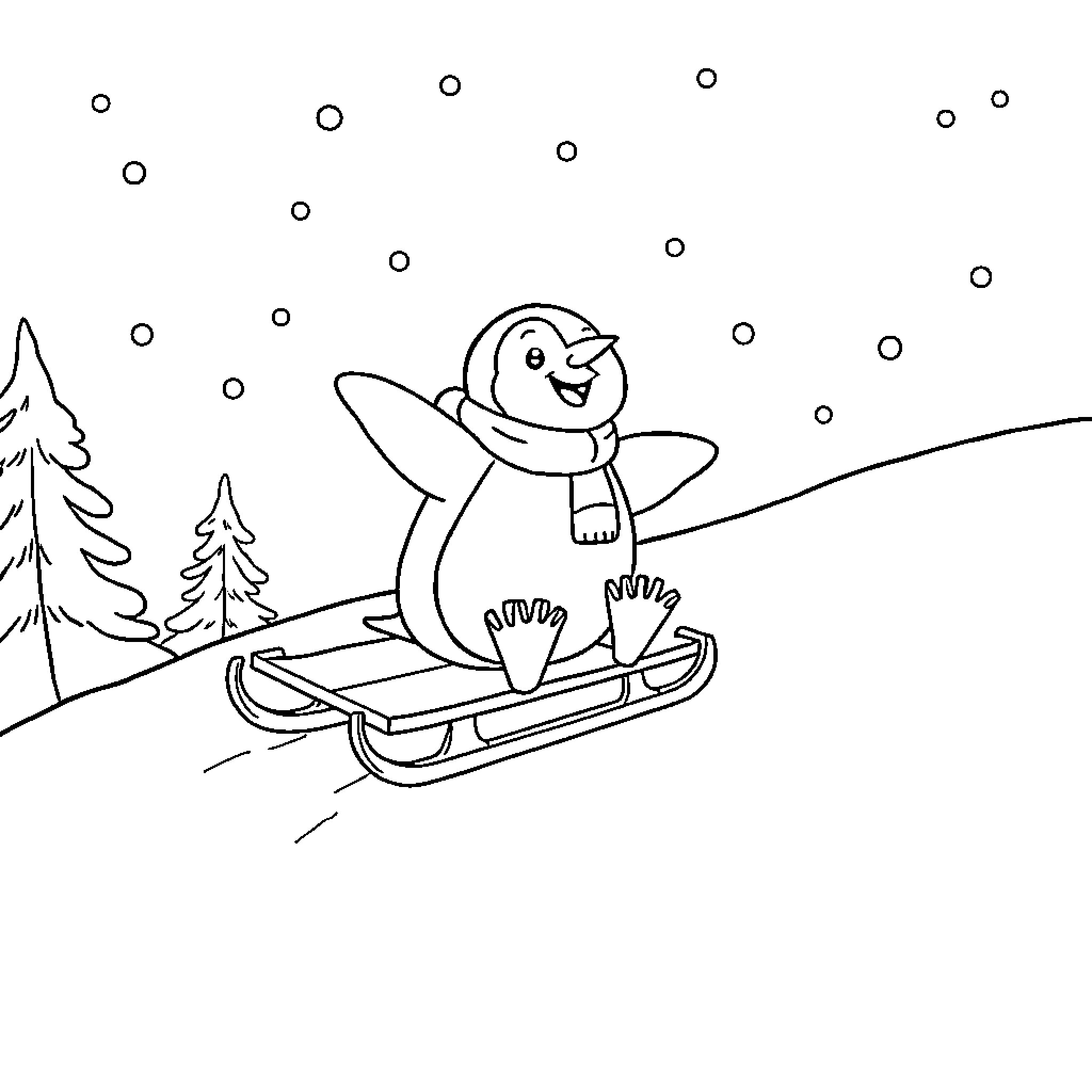 Penguin sledding happily in the snow Coloring Page (free black-and-white line drawing printable PDF for all, from beginners to advanced learners, including children, teens, adults, and seniors)