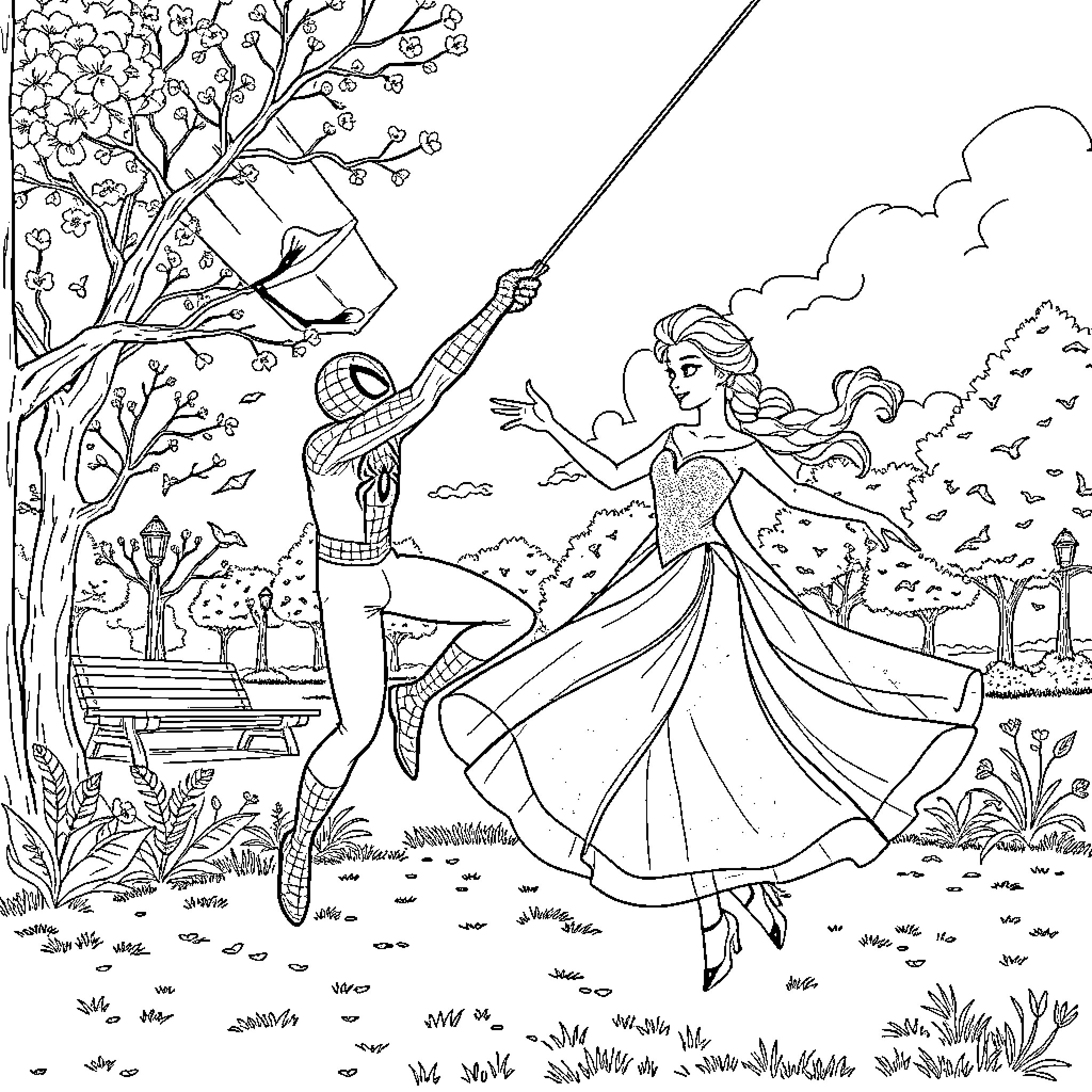 Spiderman and Princess Dancing in the Garden Coloring Page (free black-and-white line drawing printable PDF for all, from beginners to advanced learners, including children, teens, adults, and seniors)