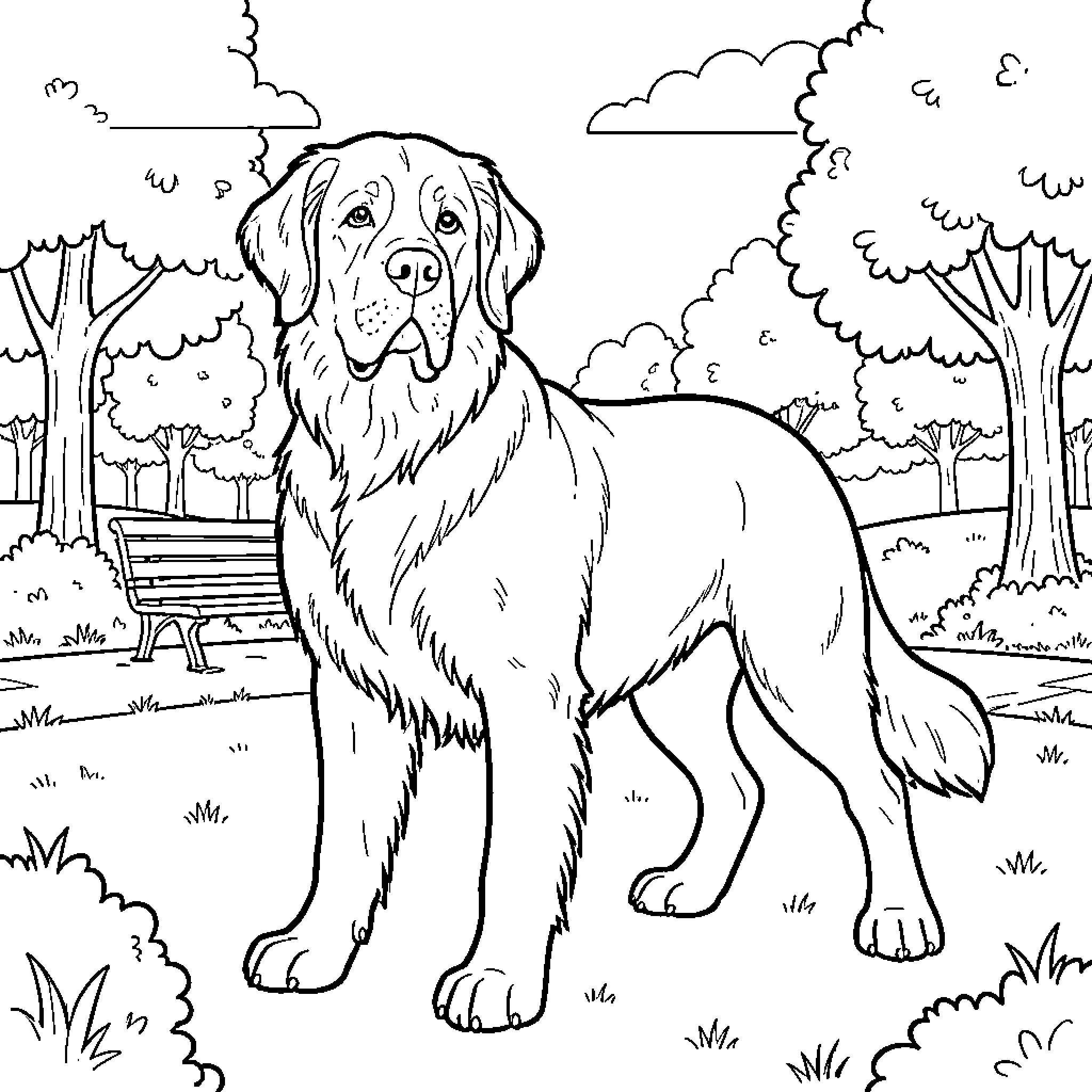 Leonberg standing calmly in a peaceful park Coloring Page (free black-and-white line drawing printable PDF for all, from beginners to advanced learners, including children, teens, adults, and seniors)