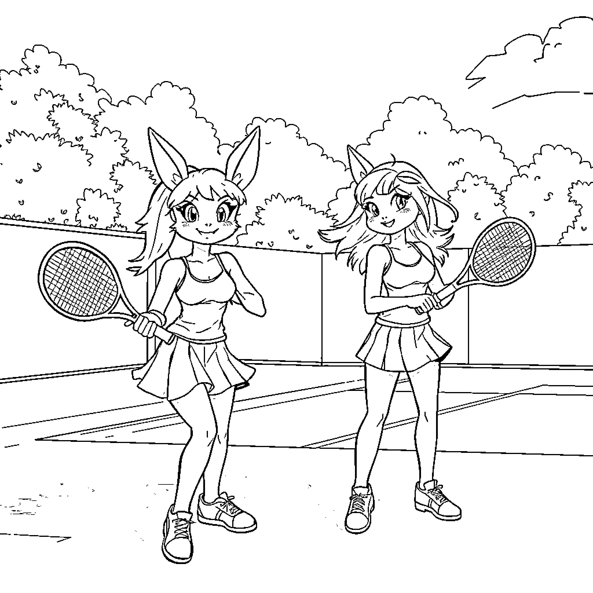Huntrix Rabbits Play Tennis in Park Coloring Page (free black-and-white line drawing printable PDF for all, from beginners to advanced learners, including children, teens, adults, and seniors)