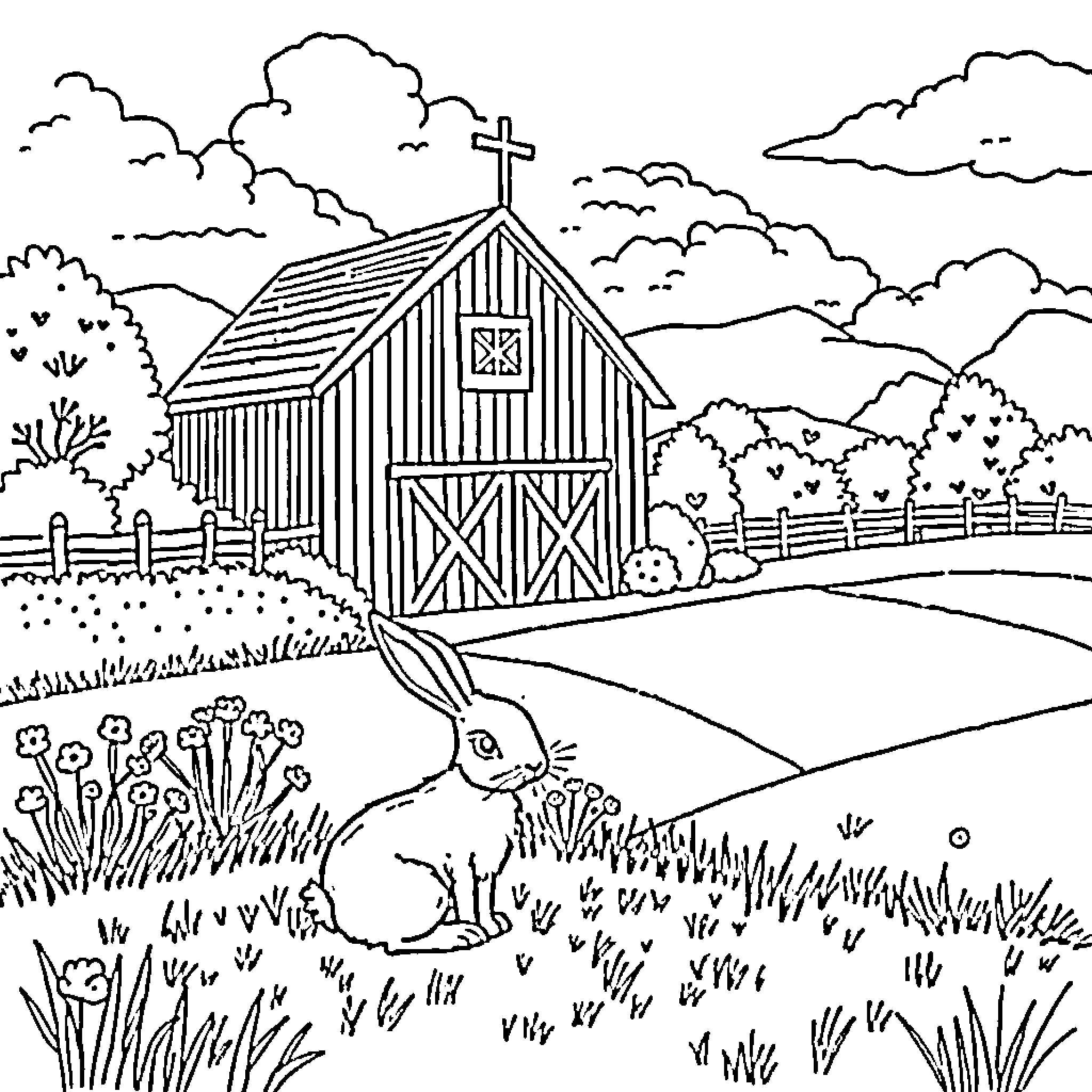 Lapin enjoying the countryside scenery Coloring Page (free black-and-white line drawing printable PDF for all, from beginners to advanced learners, including children, teens, adults, and seniors)