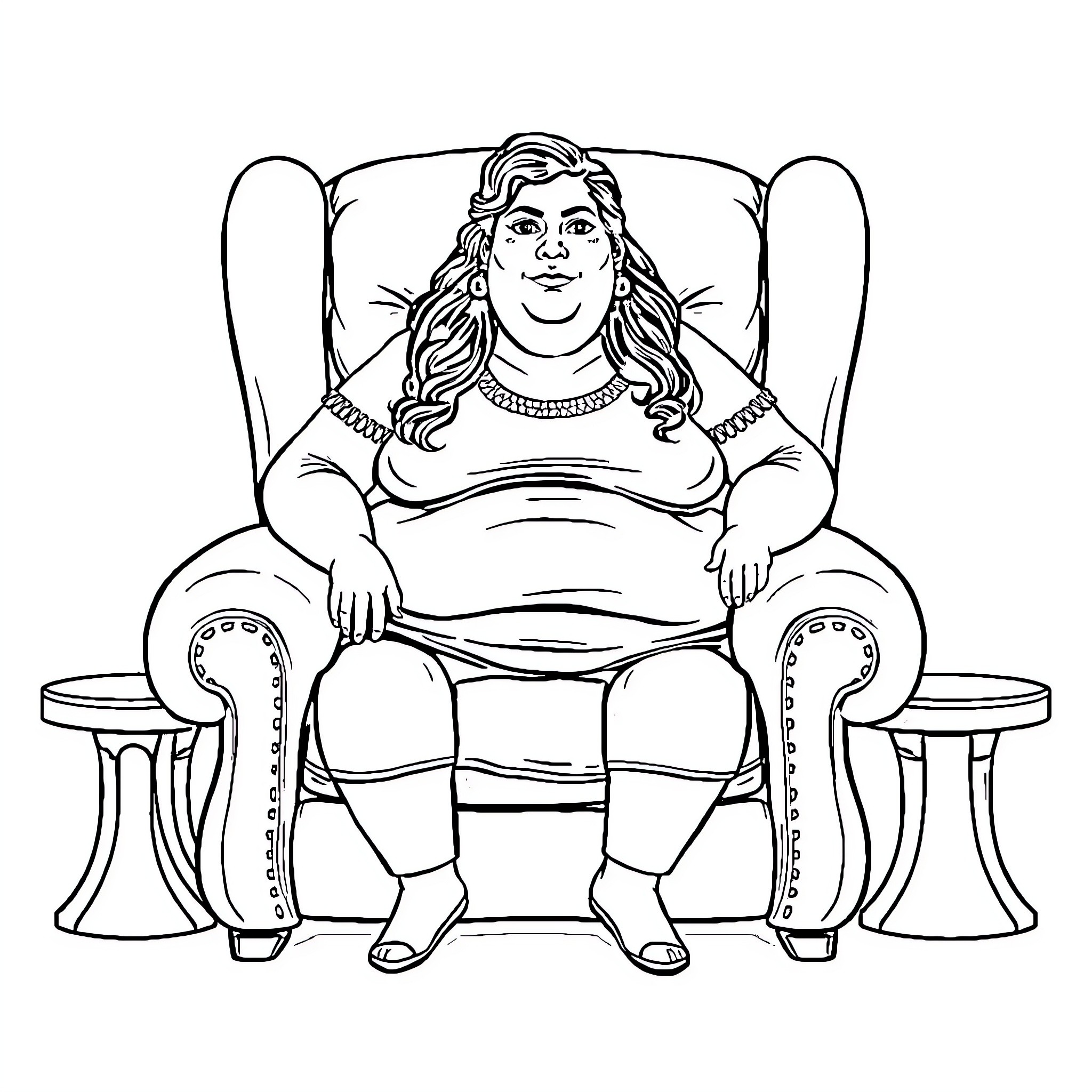 Sister relaxing in ornate armchair Coloring Page (free black-and-white line drawing printable PDF for all, from beginners to advanced learners, including children, teens, adults, and seniors)