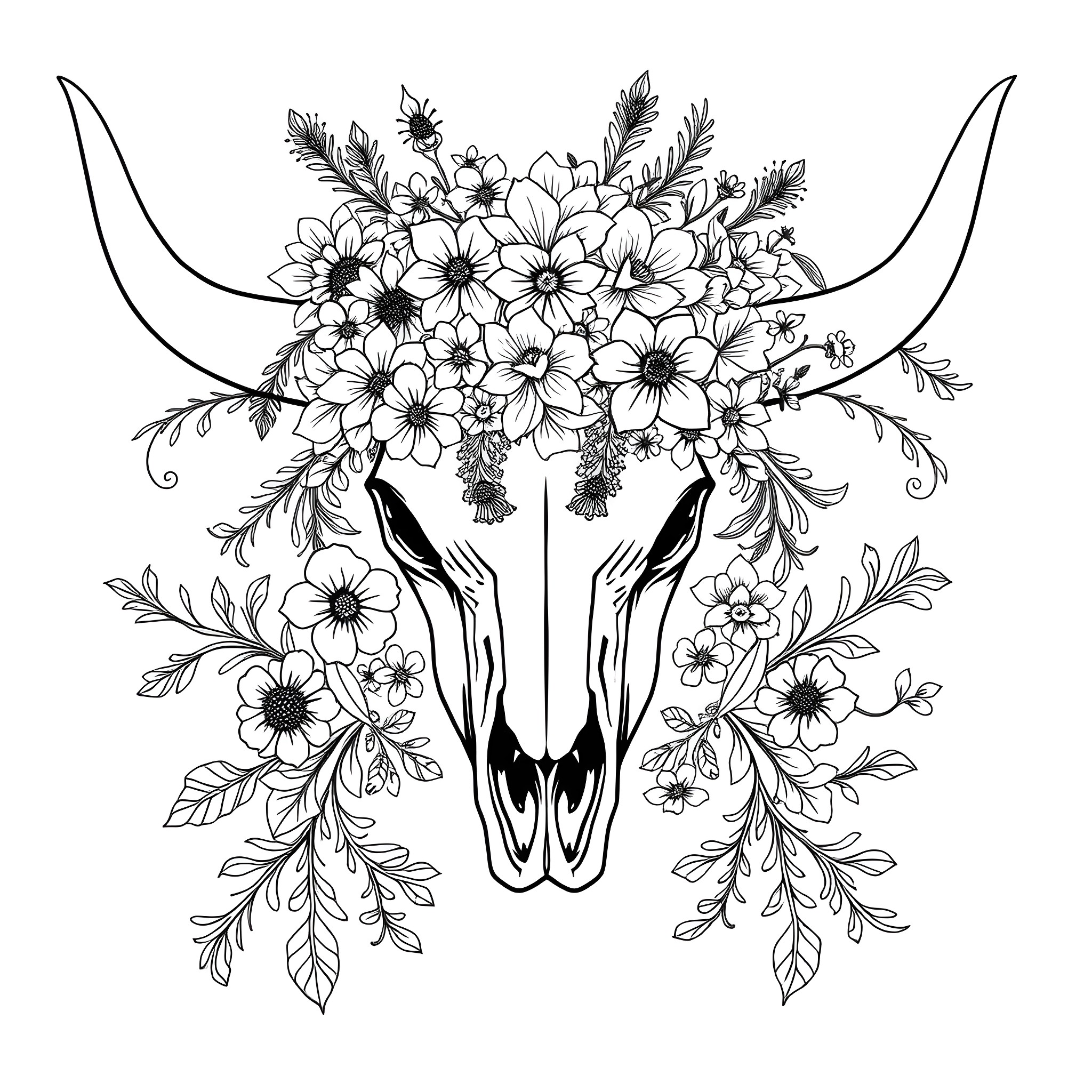 Cowskull decorated with floral bouquet Coloring Page (free black-and-white line drawing printable PDF for all, from beginners to advanced learners, including children, teens, adults, and seniors)