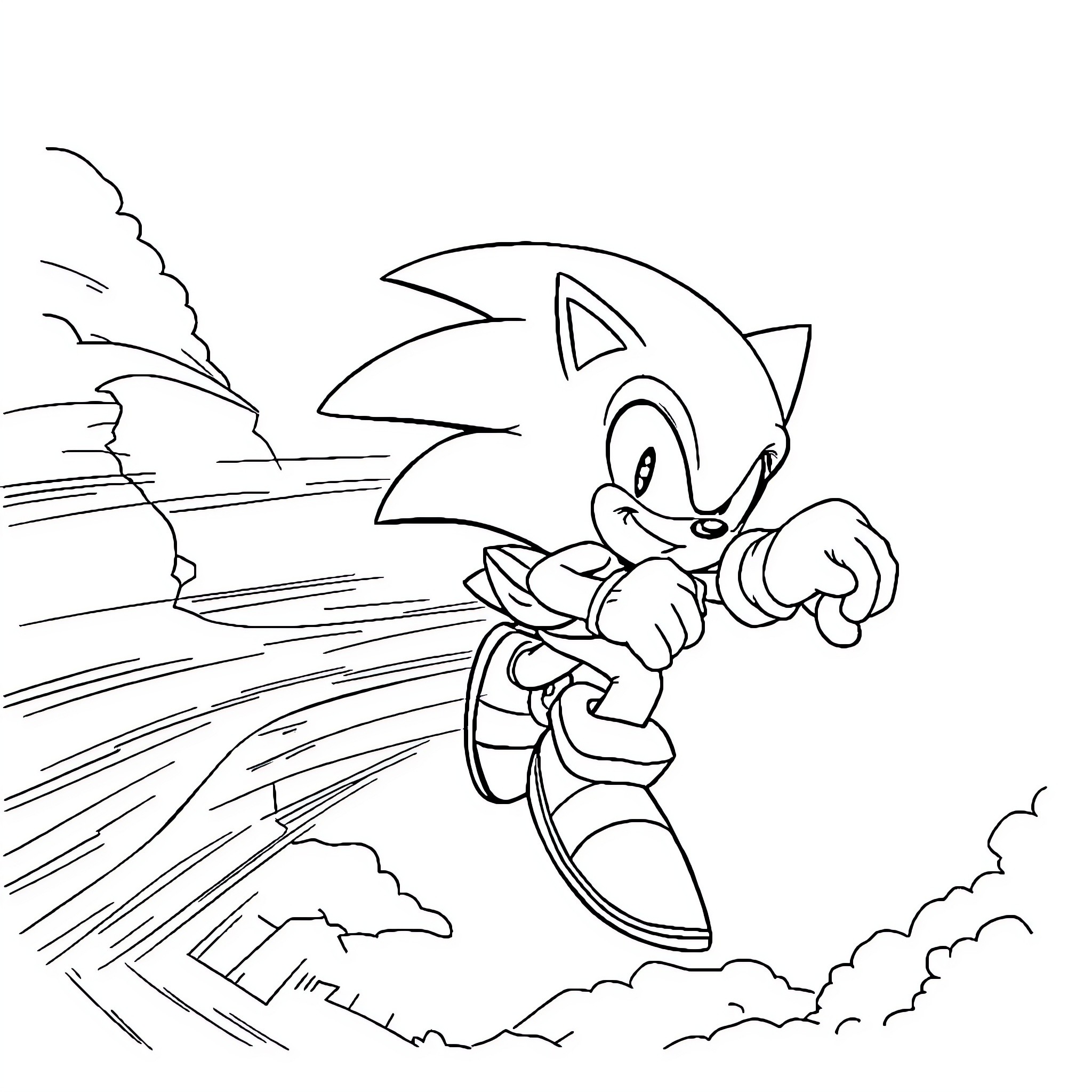Sonic speeding through the clouds Coloring Page (free black-and-white line drawing printable PDF for all, from beginners to advanced learners, including children, teens, adults, and seniors)